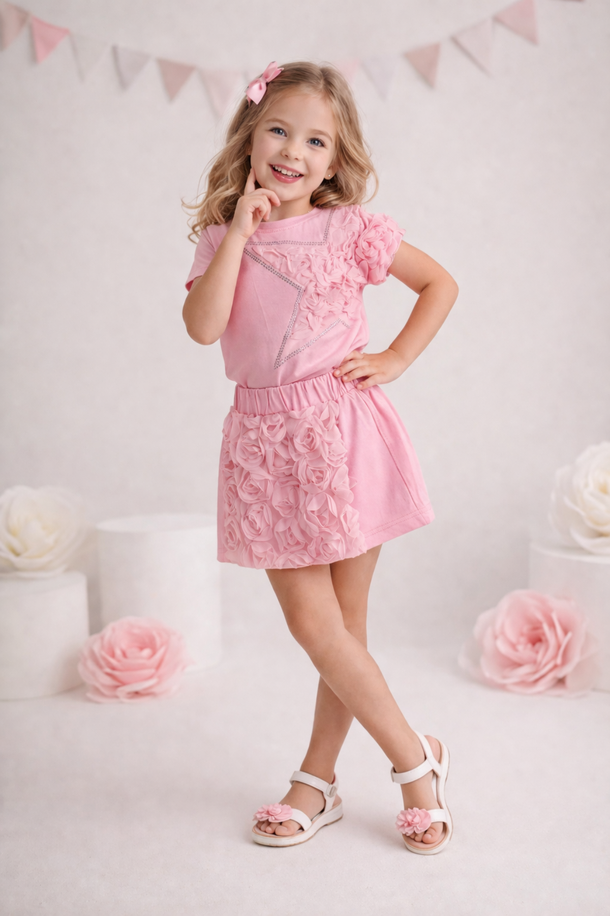 4-10 Yıldız Detay Şort Etekli Güllü Takım Pembe