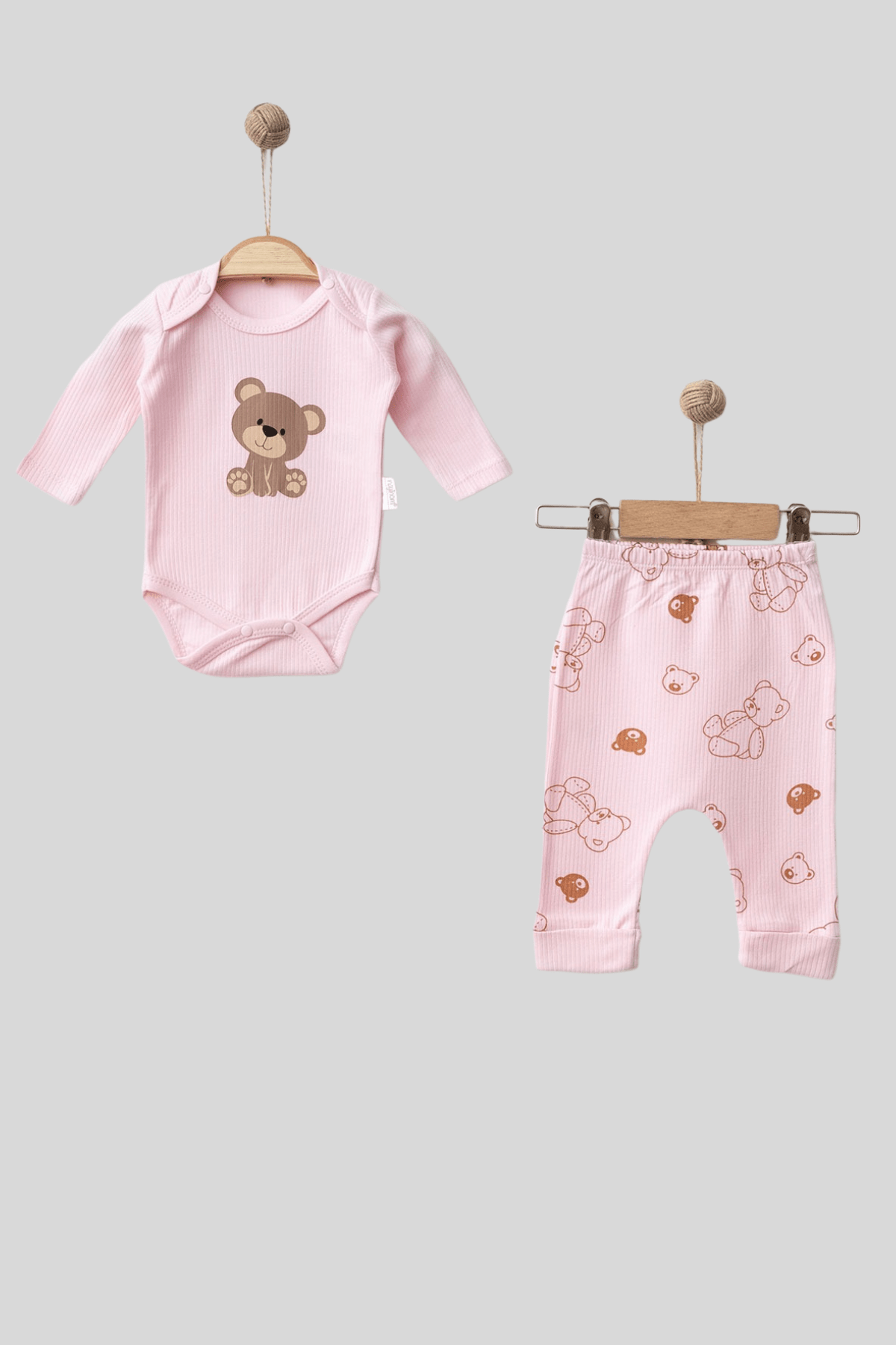 3-6 Ay Ayıcık Baskılı Fitilli Bebek Takım Pembe