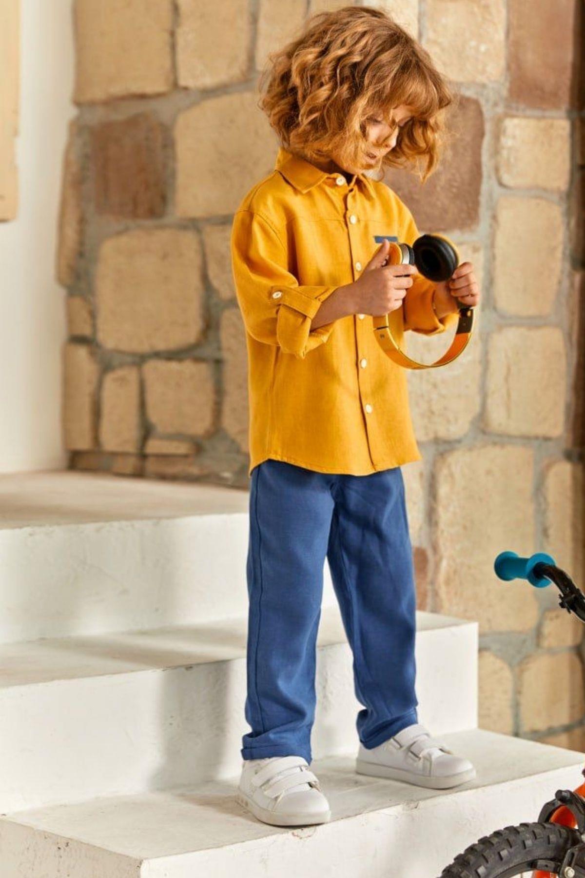 Cep Detay Gömlek Pantolon Erkek Çocuk Takım Hardal Sarı