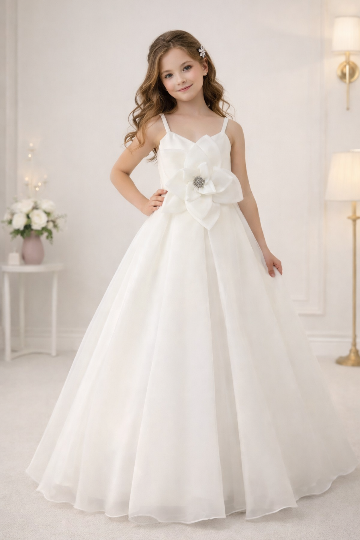 3-12 Yaş Sindy Önü Gül Detay Kız Çocuk Gelinlik Krem