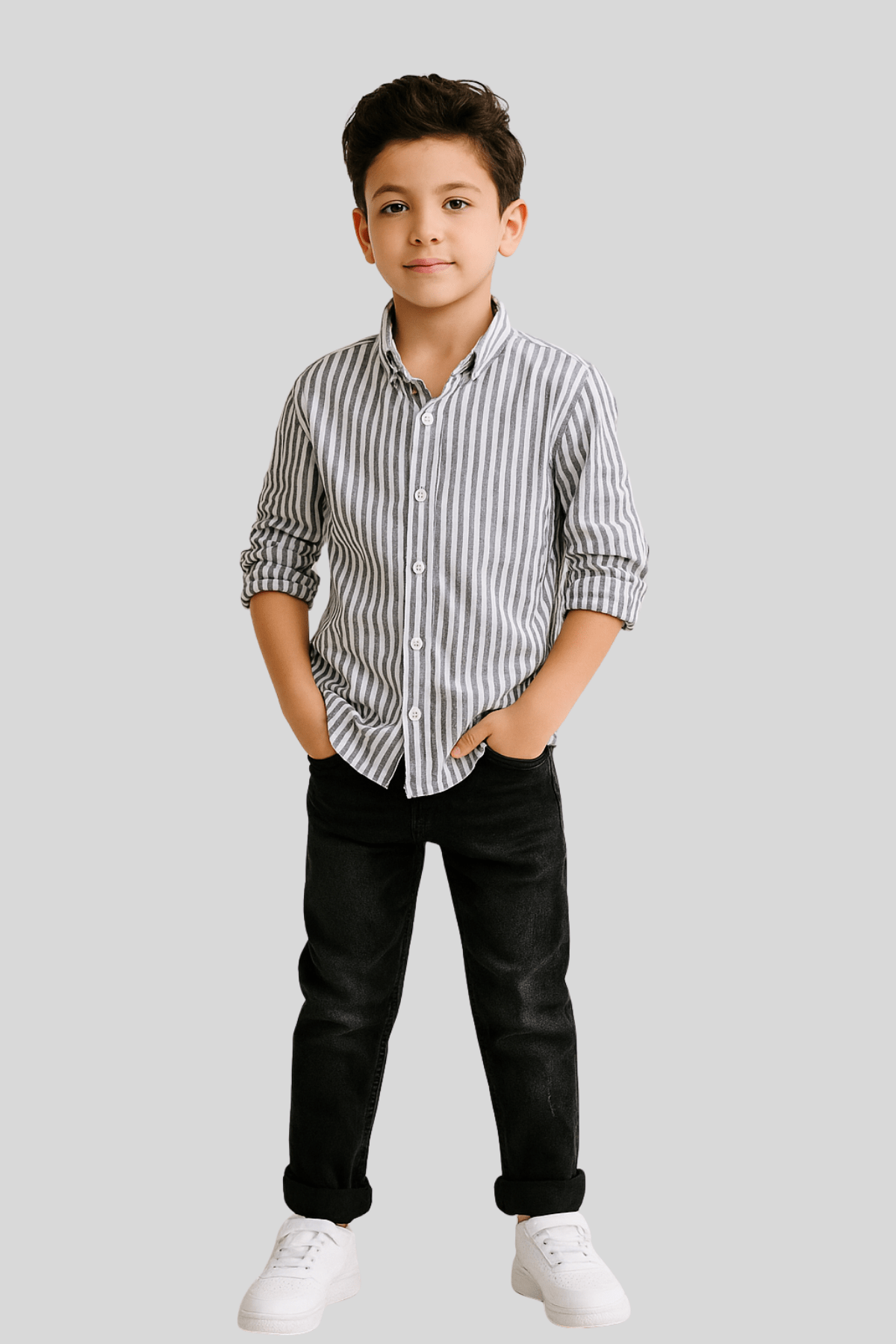 5-14 Yaş Cool Çizgili Gömlek Kot Pantolonlu Erkek Çocuk Takım Gri