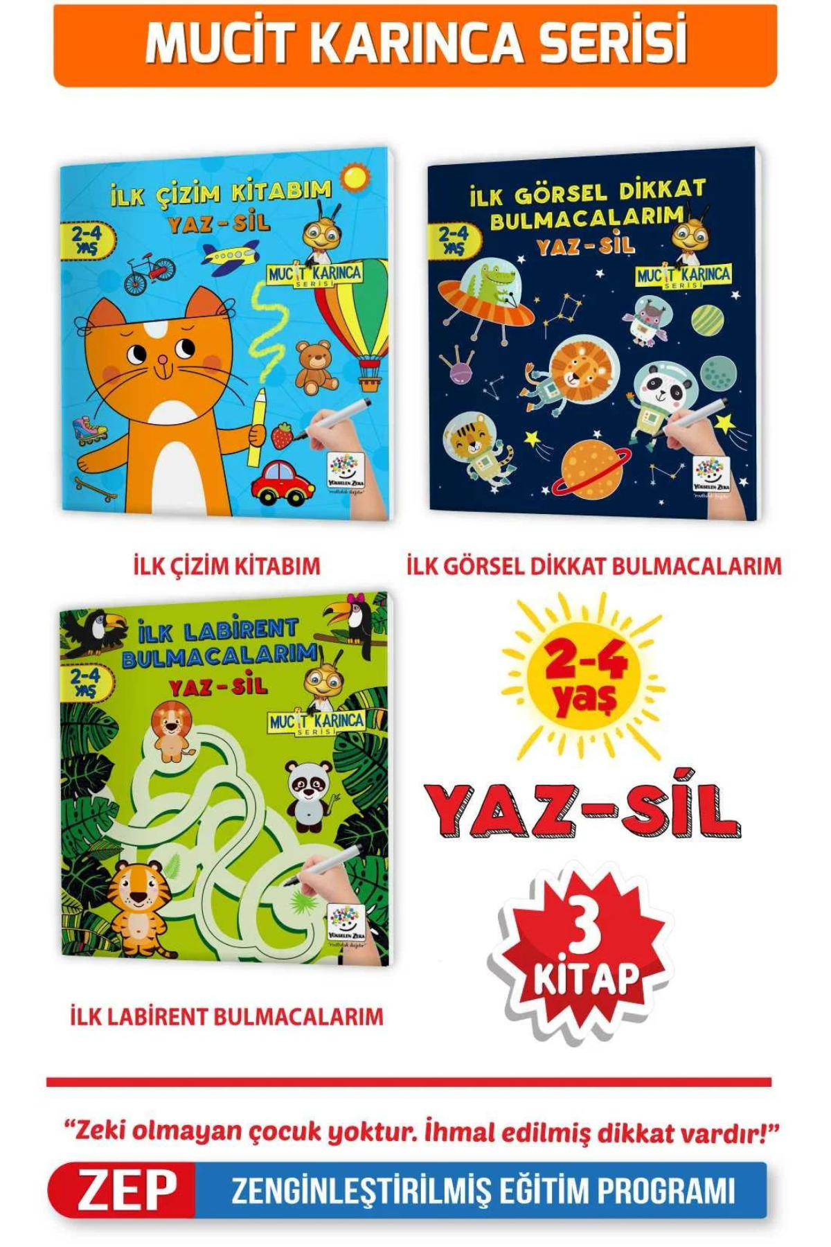 2-4 Yaş Mucit Karınca YAZ-SİL Kitaplar (İlk Kalem, Çizim, Eğlenceli Labirentler, Görsel Dikkat Geliştirme Kitabım)