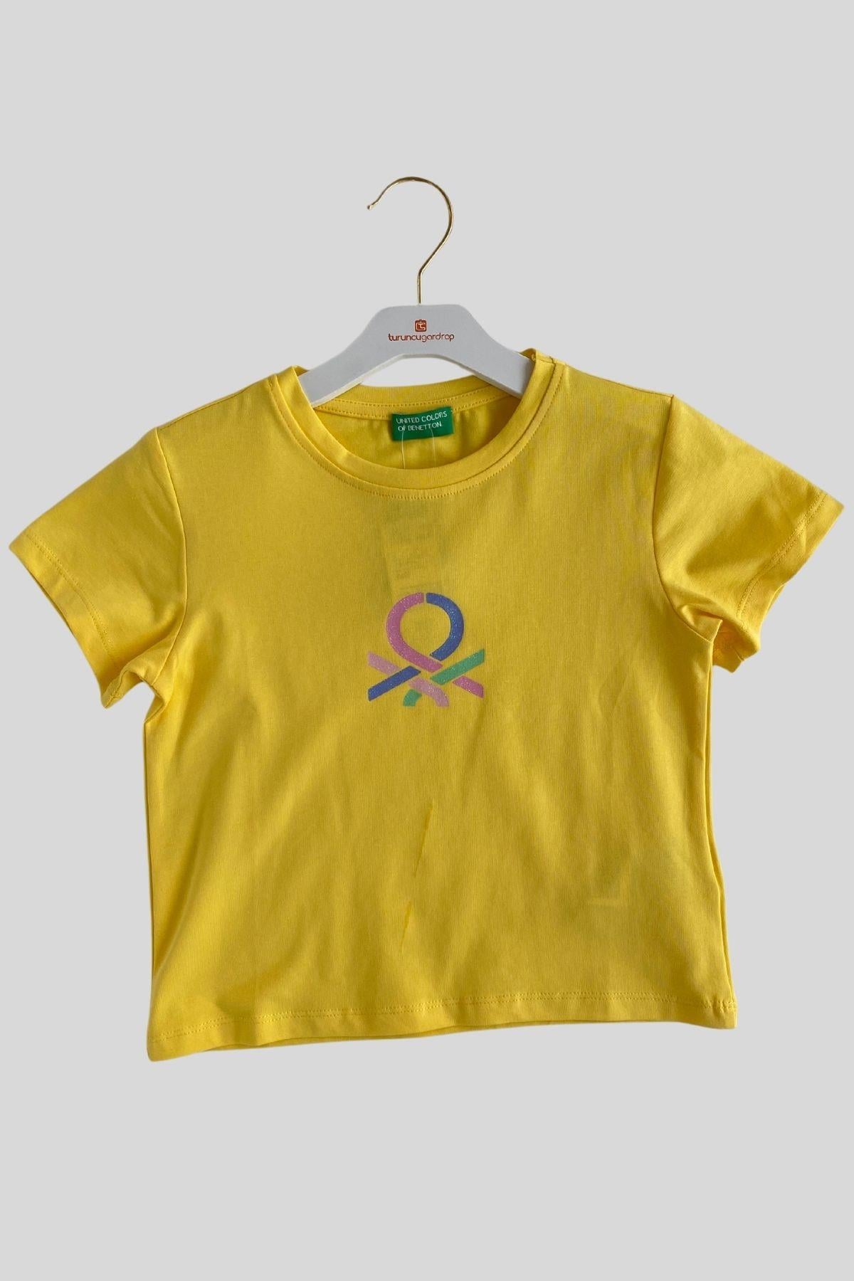 4-14 Yaş Benetton Sim Baskı Kız Çocuk Tişört Sarı
