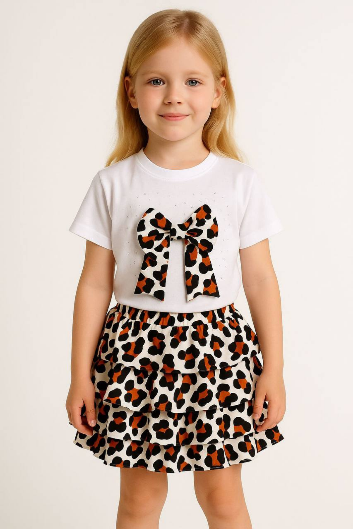 3-10 Leopar Fiyonk Detaylı Etekli Kız Takım Beyaz