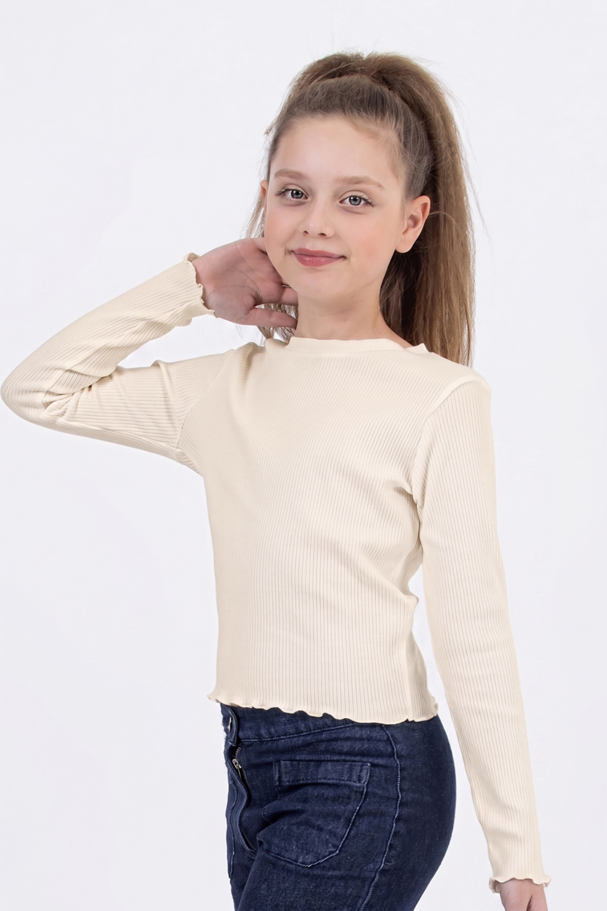4-14 Yaş Fitilli Uzun Kollu Kız Çocuk Body Basic Krem