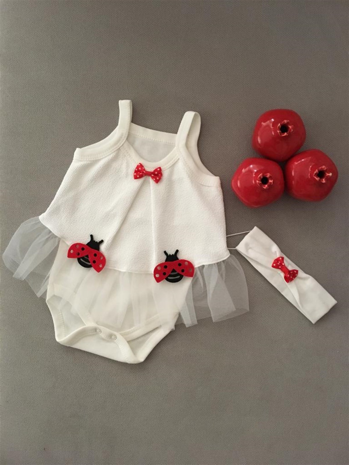 Uğur Böceği Tütülü Zıbın Elbise Ekru