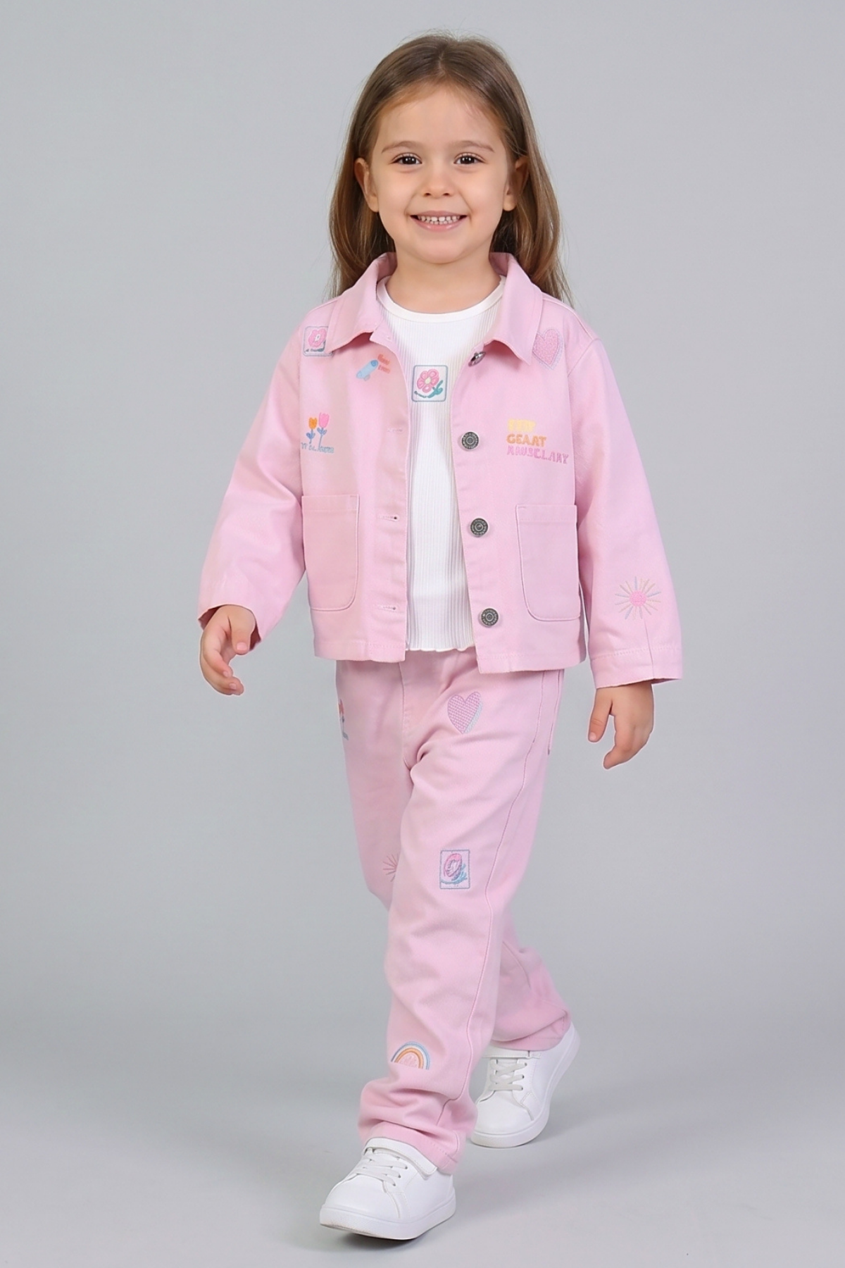 2-7 Yaş Great Nakışlı Gabardin 3'lü Kız Çocuk Takım Pembe