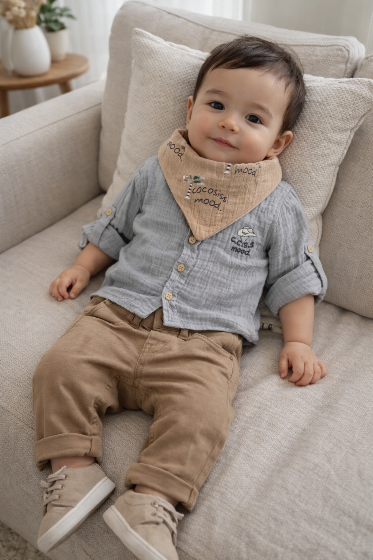 6-24 Ay Fularlı Müslin Gömlekli 2'li Erkek Bebek Takım Bebe Mavi