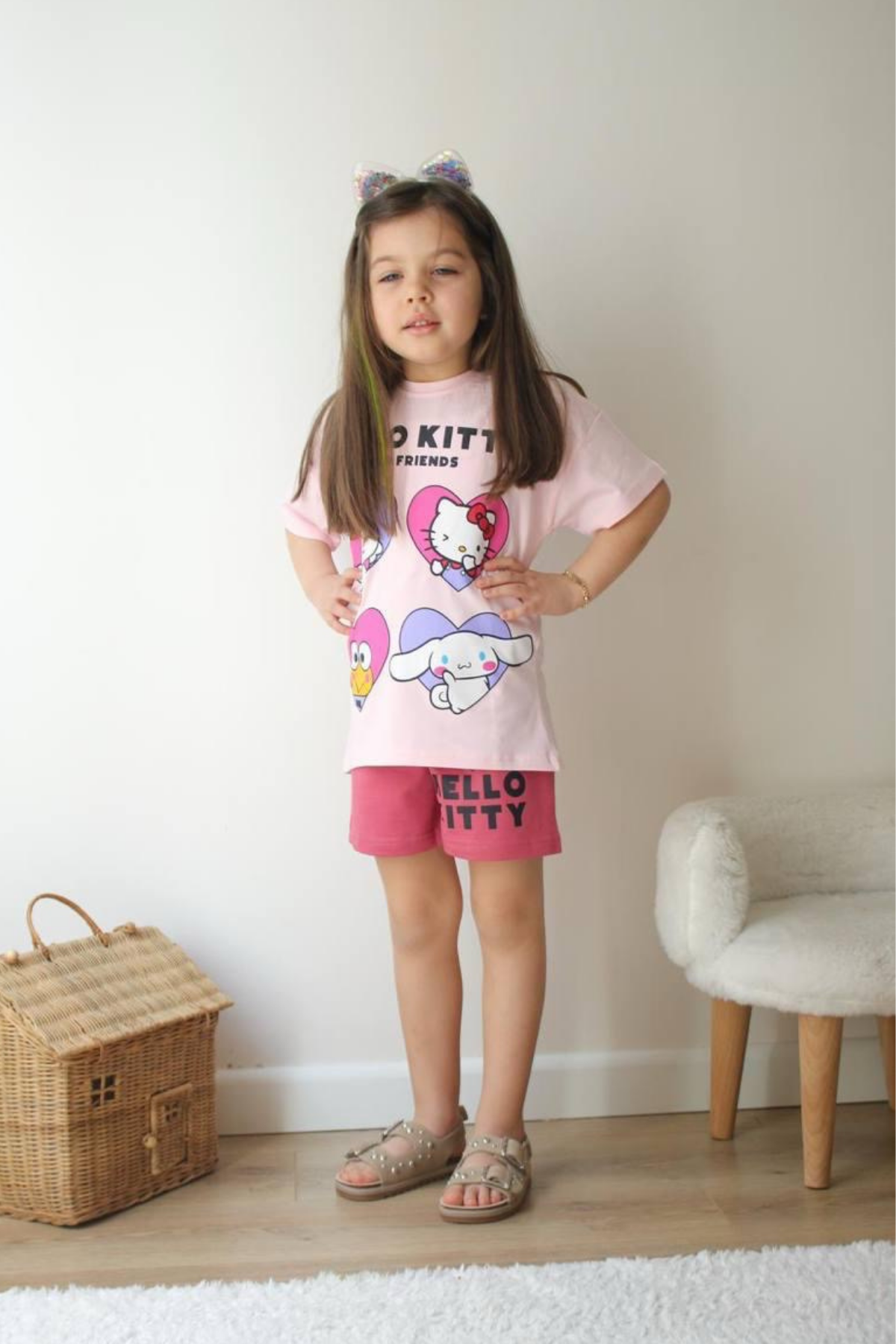 3-10 Hello Kity Kuromi Stitch Şortlu Kız Çocuk Takım Pembe