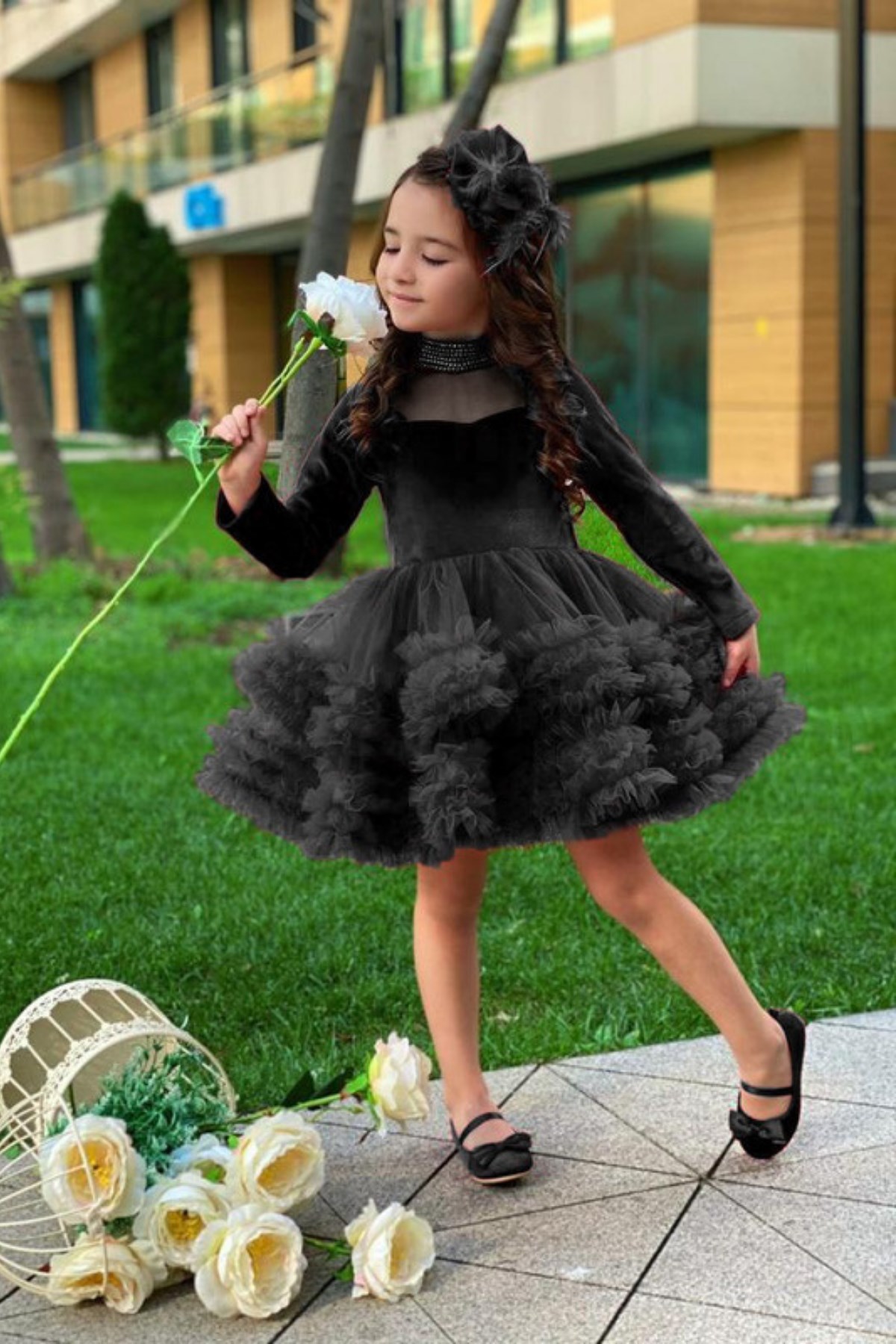 Yaka Taş Detay Kadife Çocuk Abiye Elbise Siyah | Turuncugardrop.com