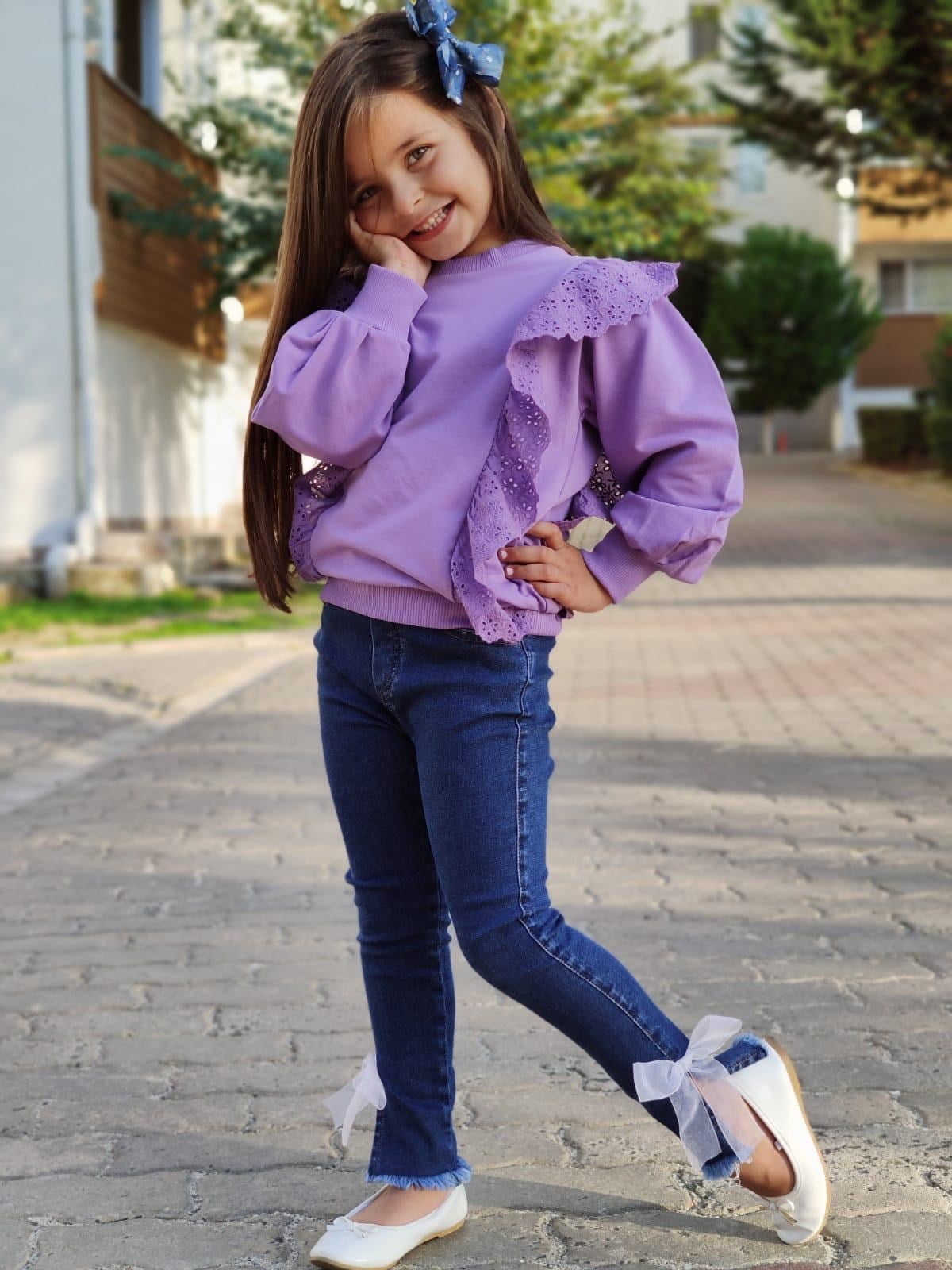 Paça Kurdele Detay Kot Sweat Kız Çocuk Takım Mor