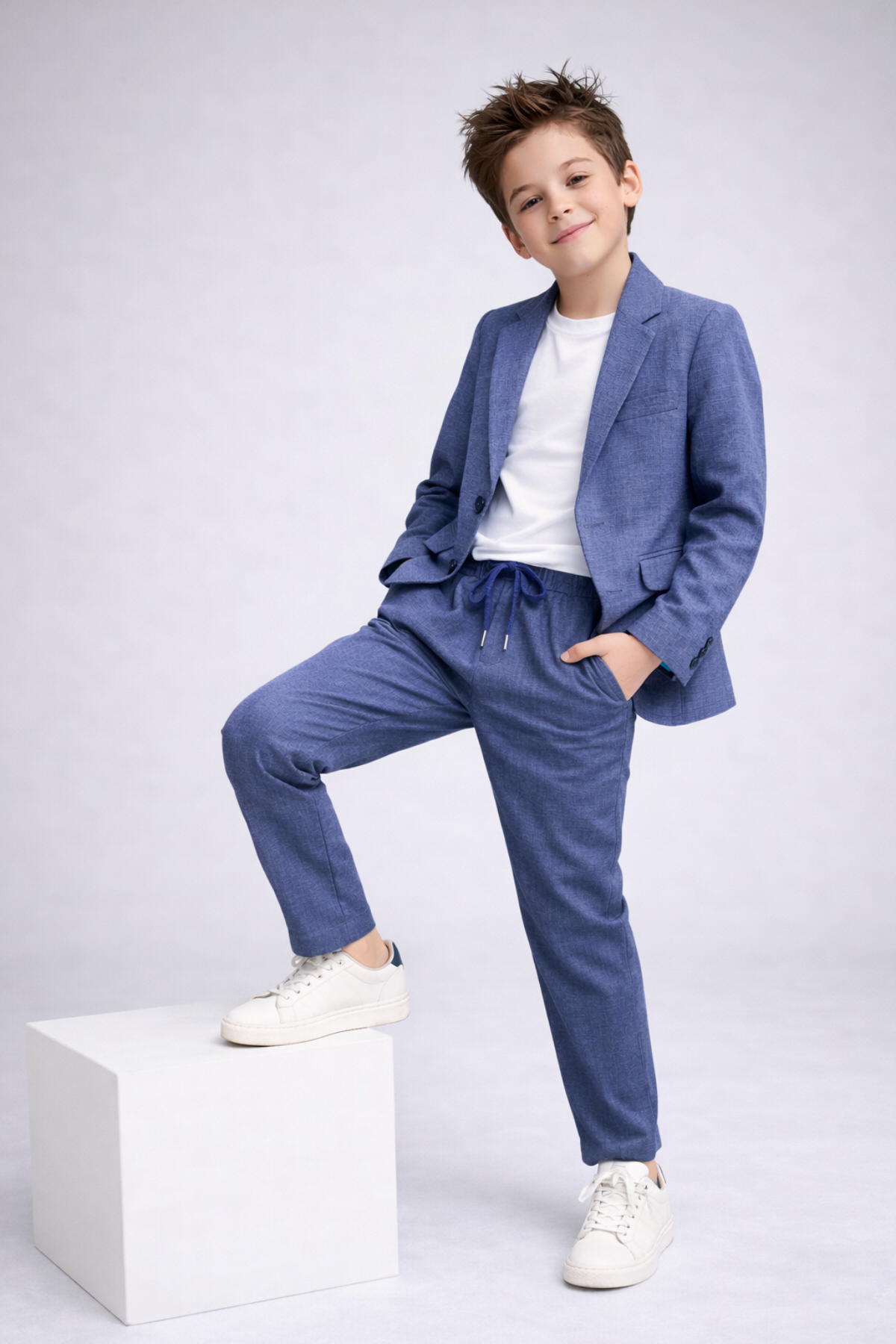 2-13 Yaş Premium Tişörtlü Başak Doku Keten Çocuk Takım Elbise Açık Lacivert