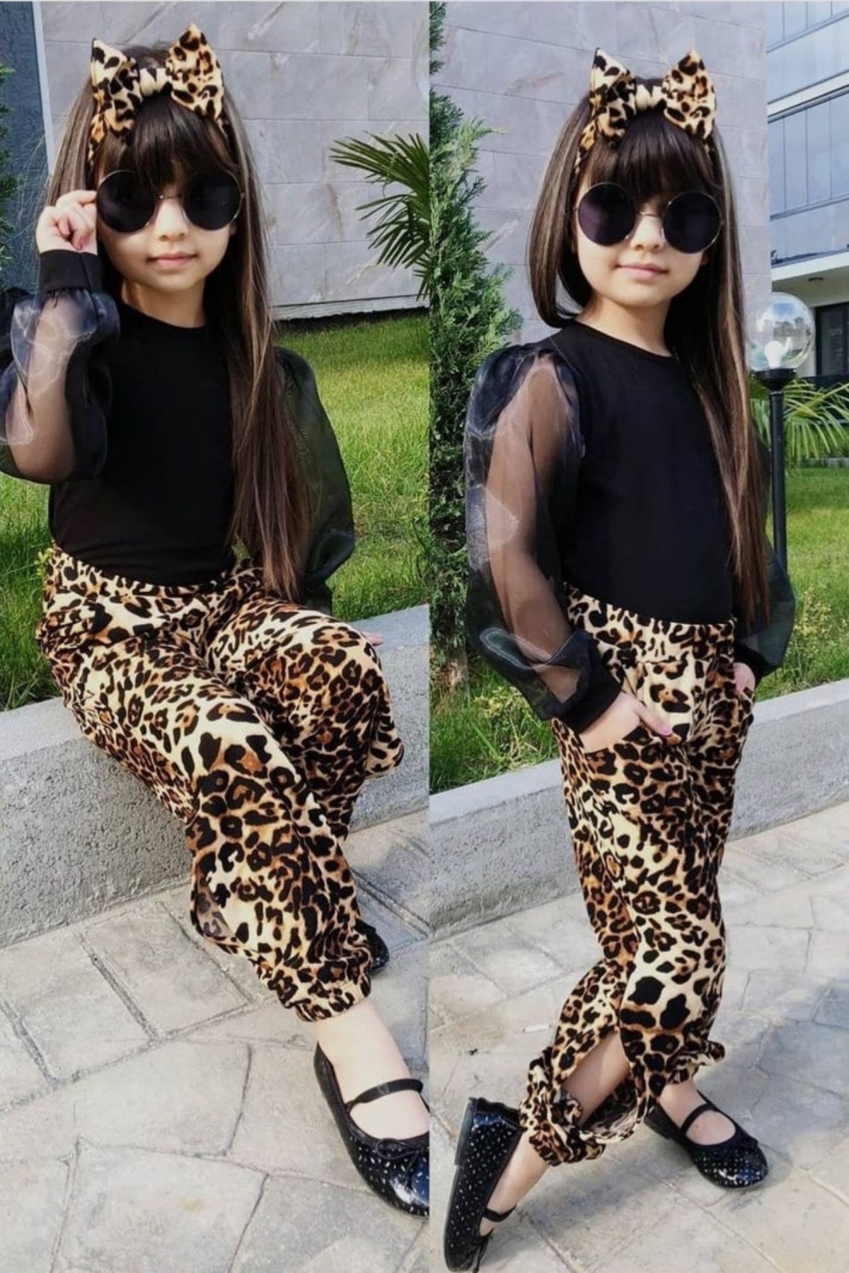 Kolları Tüllü Bluz ve Leopar Pantolon Kız Çocuk Takım