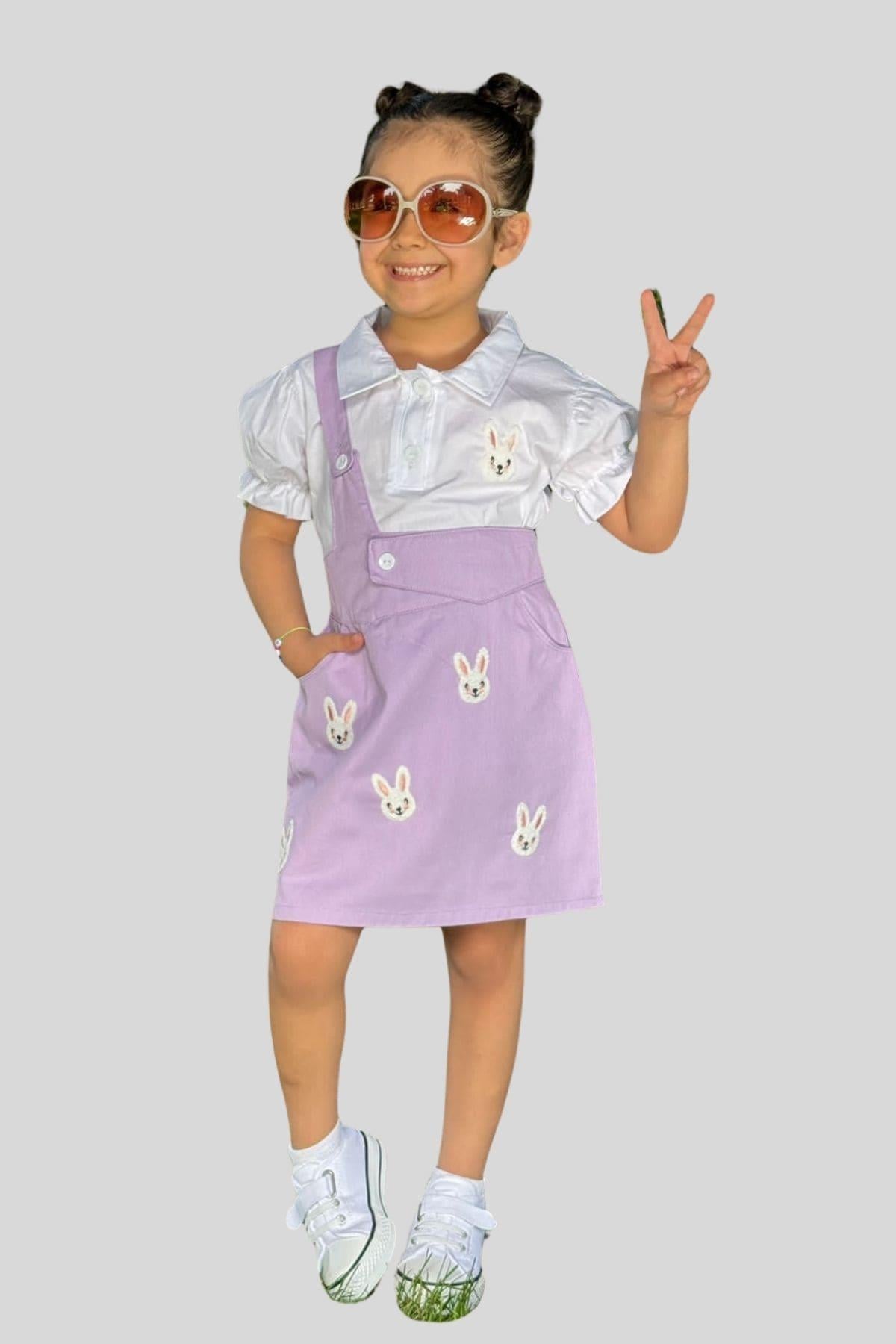 2-10 Yaş Tavşan Detay Gömlek Salopet Set Lila