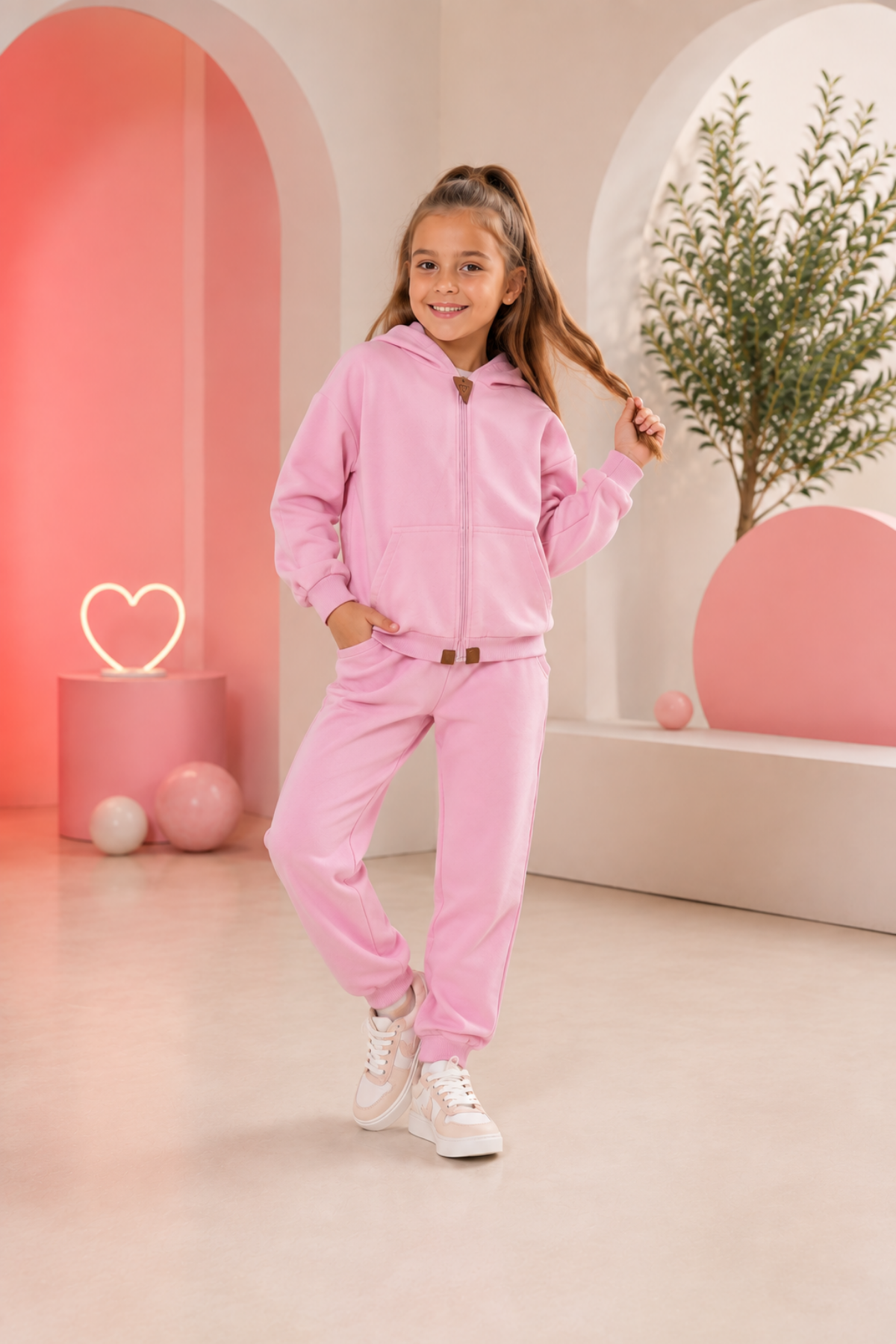 6-10 Yaş Kanguru Cepli Fermuarlı Kapüşonlu Çocuk Takım Unisex Pembe