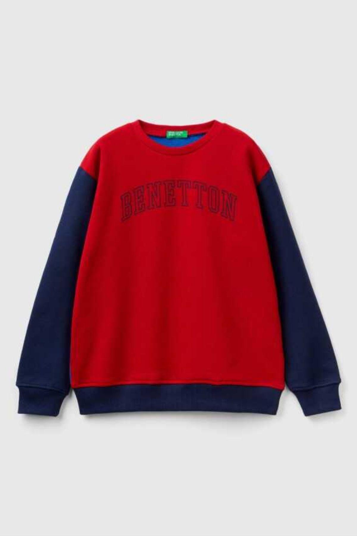6-14 Yaş Benetton Yuvarlak Yaka Uzun Kol Erkek Çocuk Sweatshirt Kırmızı