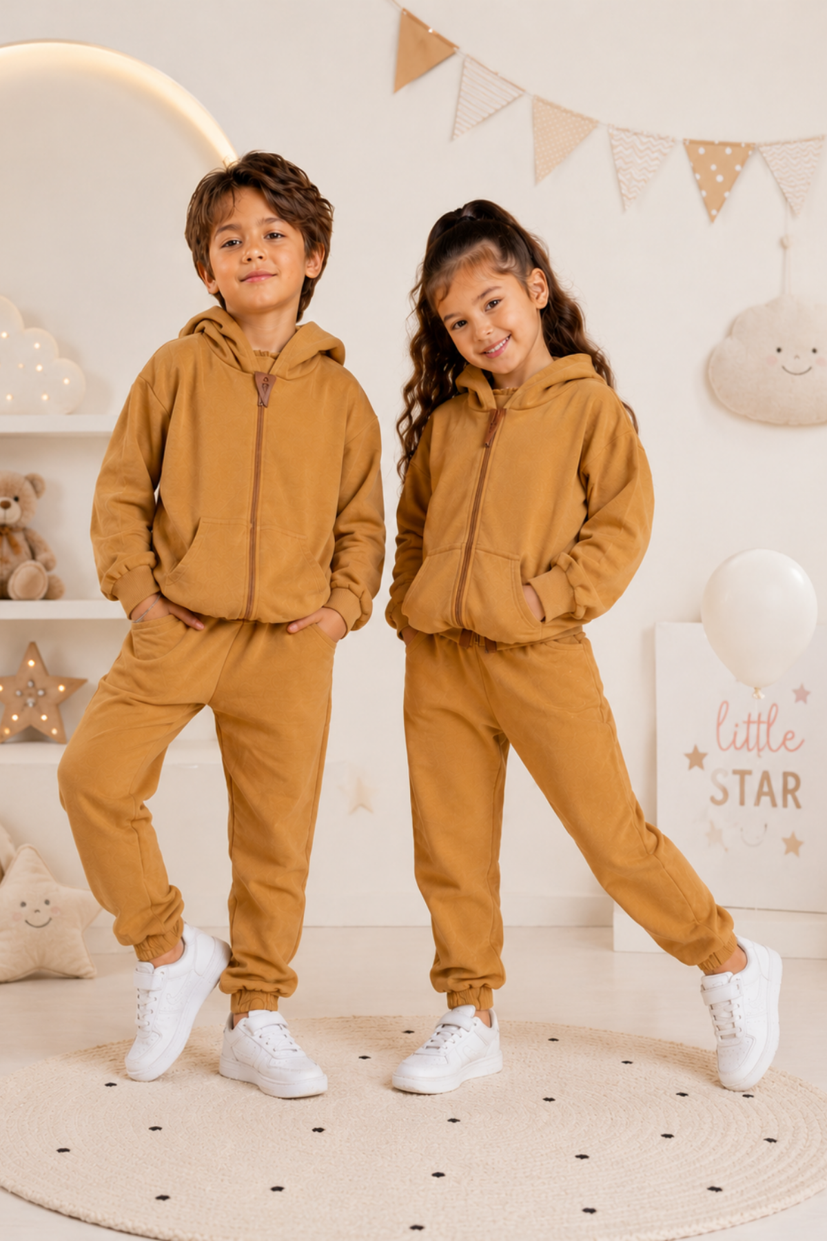 6-10 Yaş Kanguru Cepli Fermuarlı Kapüşonlu Çocuk Takım Unisex Hardal