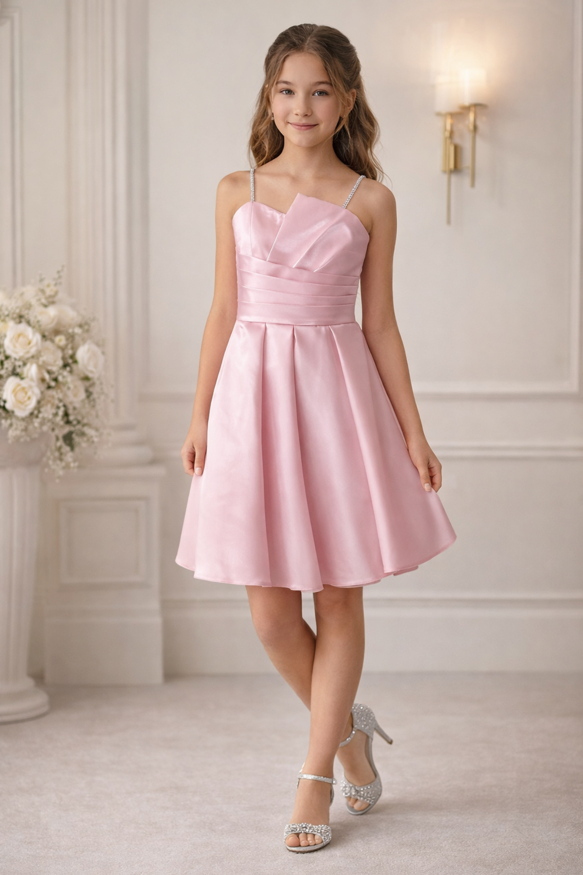 10-15 Saten Eliza Kız Çocuk Abiye Elbise Pembe
