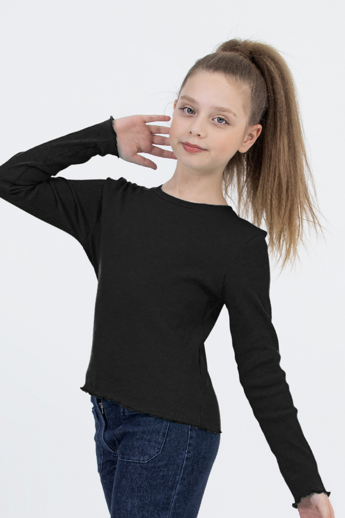 4-14 Yaş Fitilli Uzun Kollu Kız Çocuk Body Basic Siyah