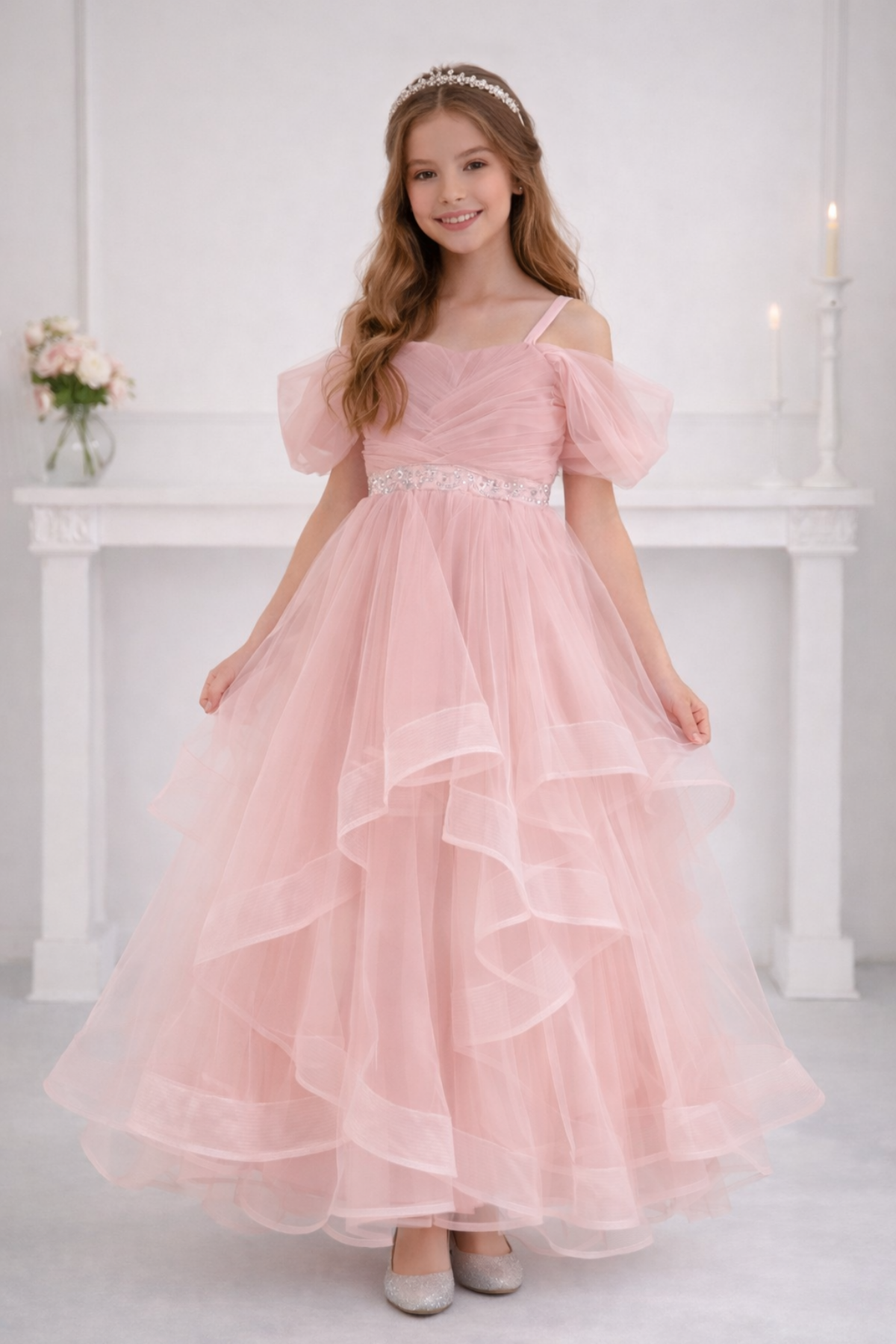 10-15 Yaş Miona Beli Taşlı Kat Kat Kız Çocuk Abiye Elbise Pudra