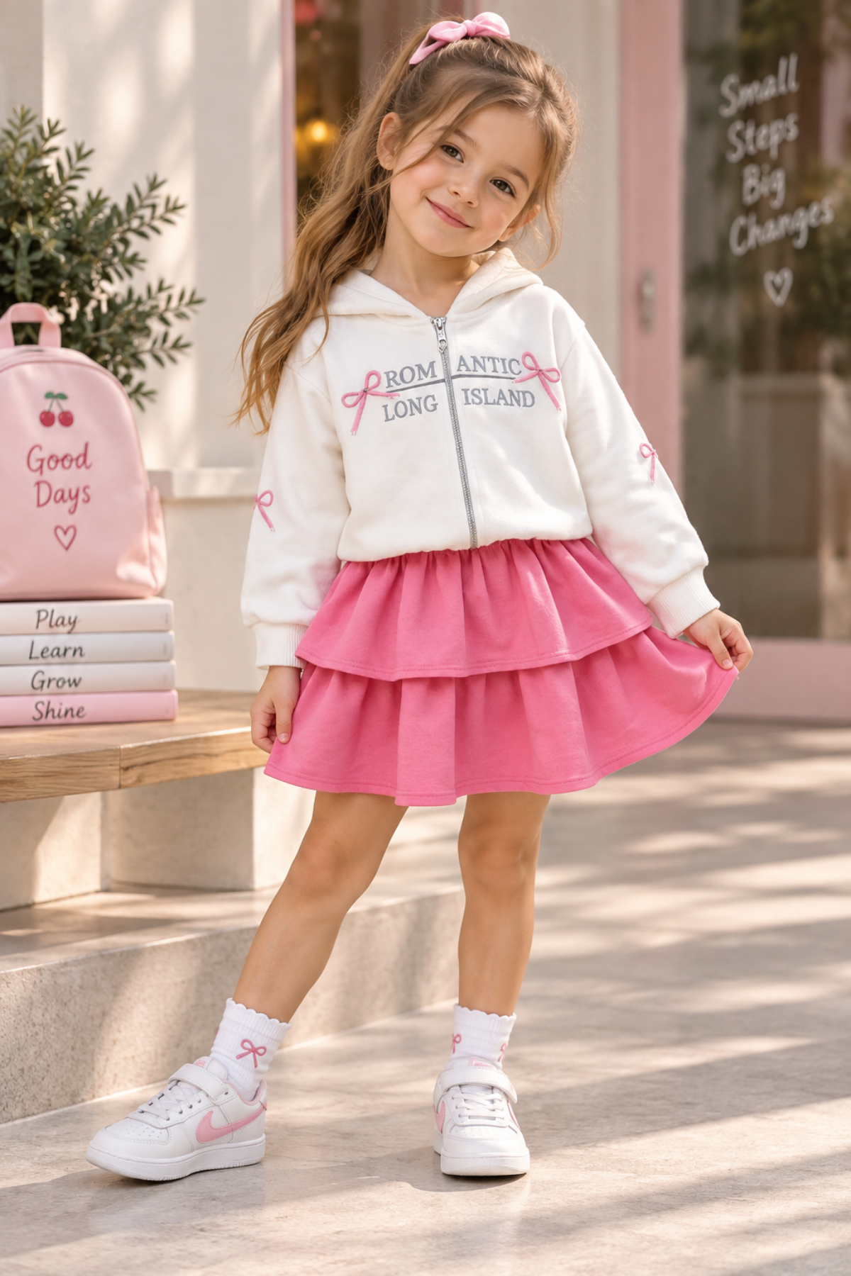 2-10 Yaş Romantik Sweat Etek Kız Çocuk Takım Pembe