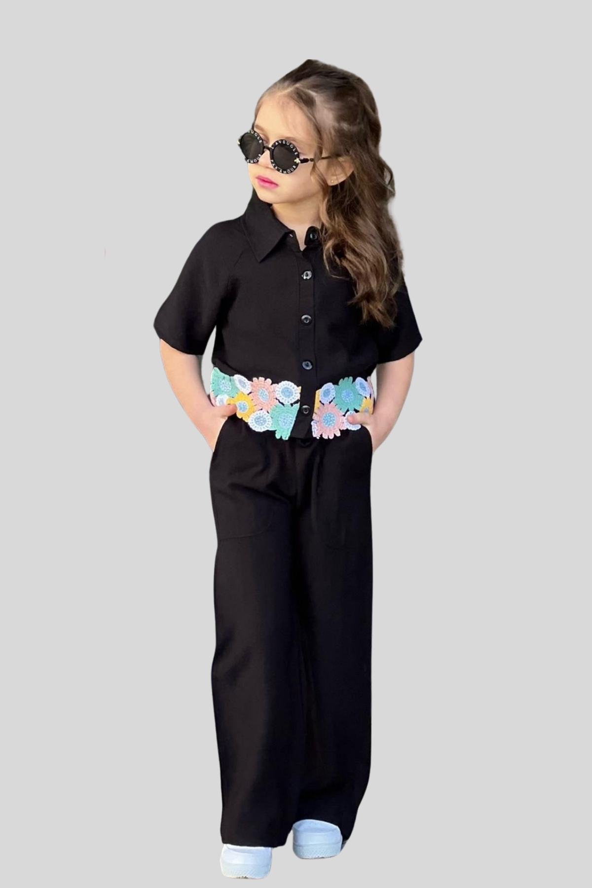 4-12 Yaş Çiçek Detay Müslin Kız Pantolon Gömlek Takım Siyah
