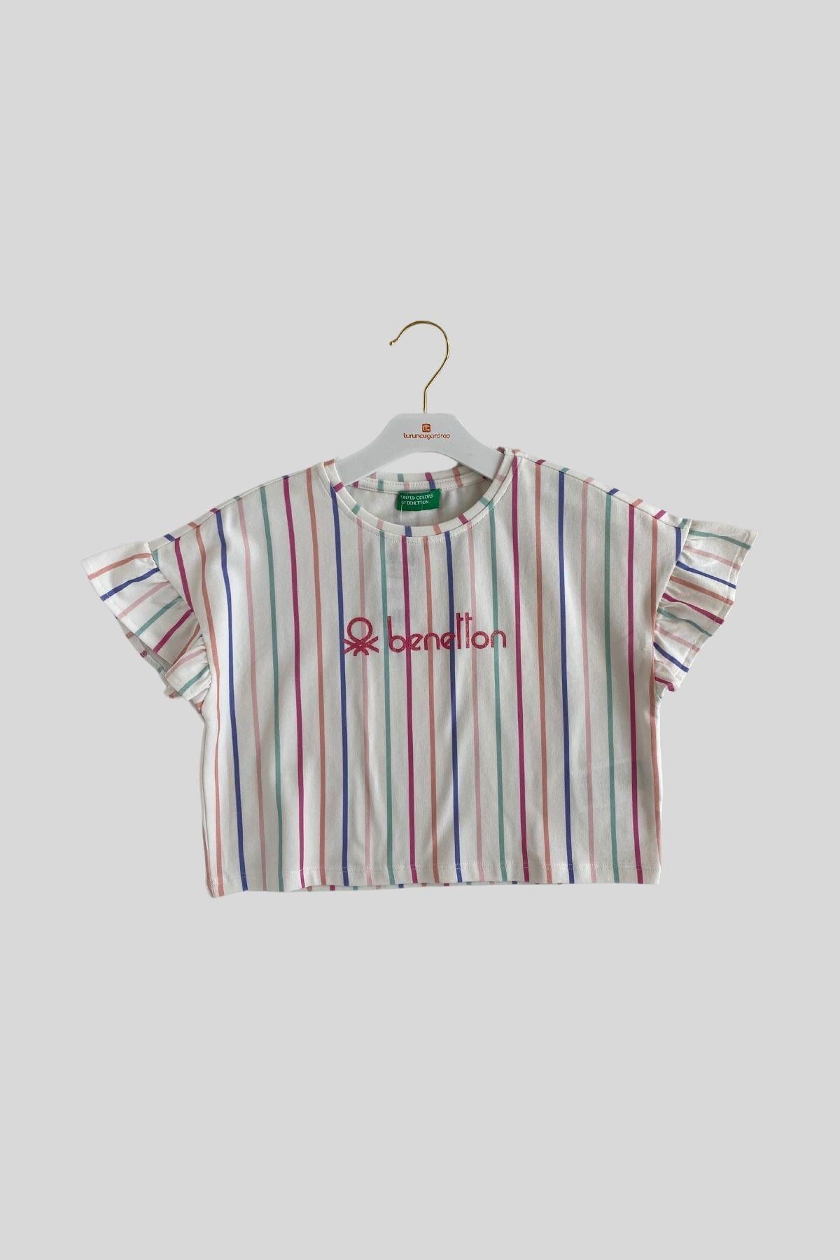 4-14 Yaş Benetton Kolları Fırfırlı Çizgili Kız Çocuk Tshirt Beyaz