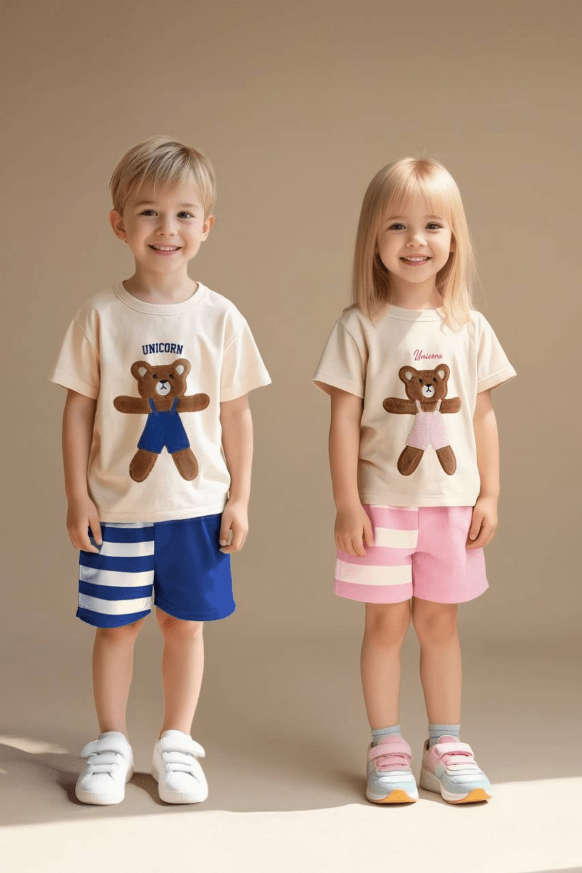 2-8 Yaş Ayıcıklı Çizgi Şortlu Kız Çocuk Takım Pembe Kardeş Kombini