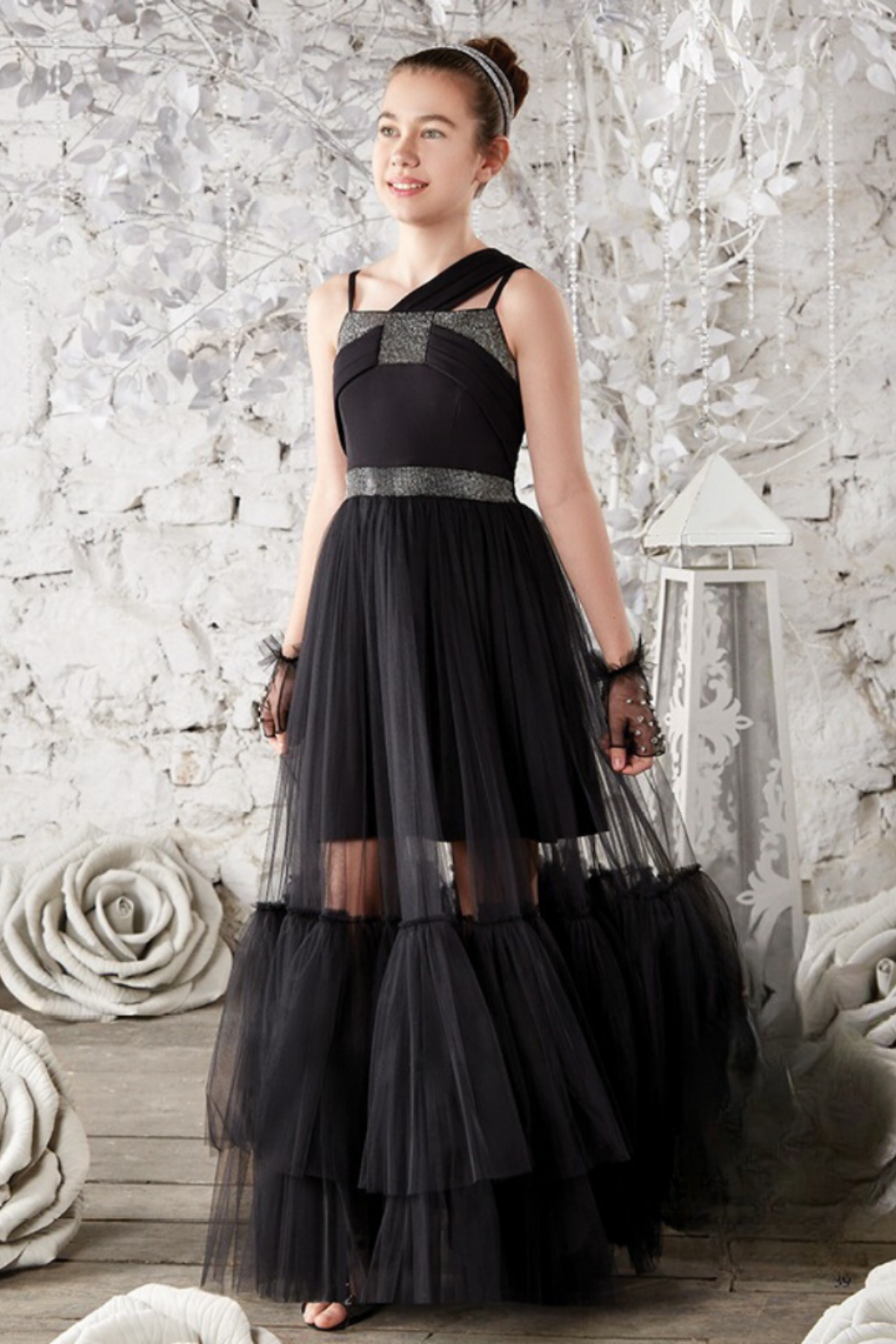 Omuz ve Bel Detay Üzeri Tüllü Genç Abiye Elbise Siyah | Turuncugardrop.com