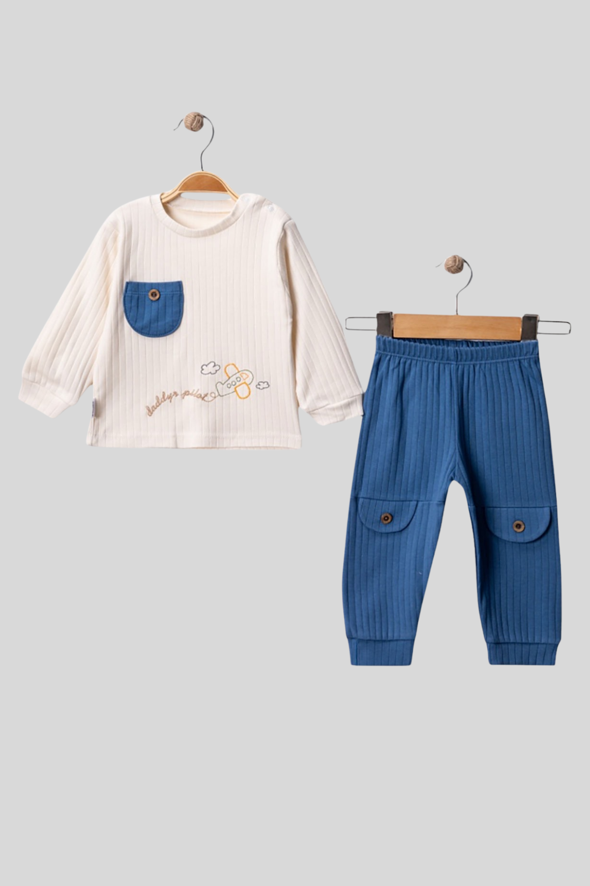 6-12 Ay Uçak Nakışlı Erkek Bebek Takım Mavi