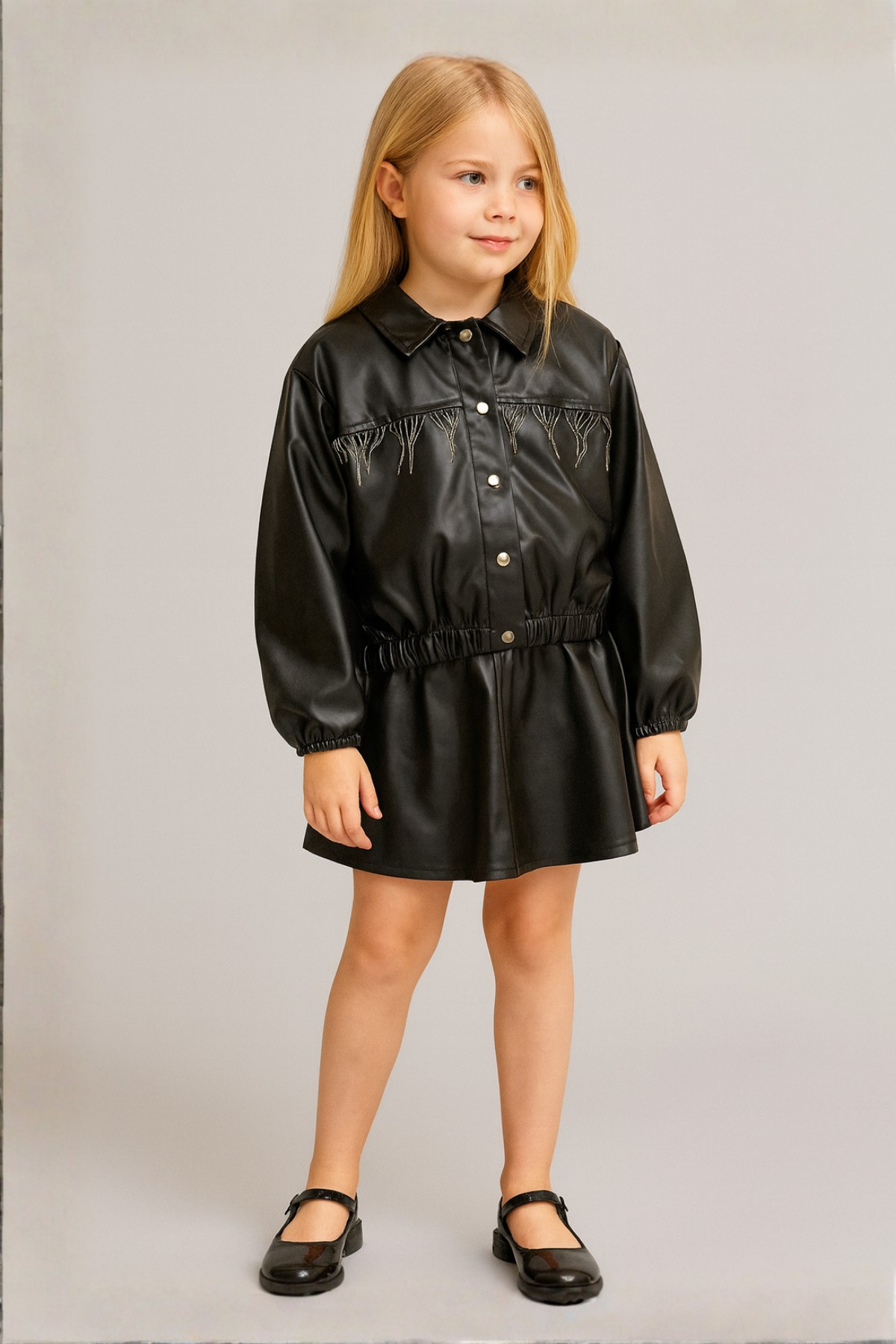 Zincir Detay Çıtçıtlı Kız Çocuk Deri Ceket