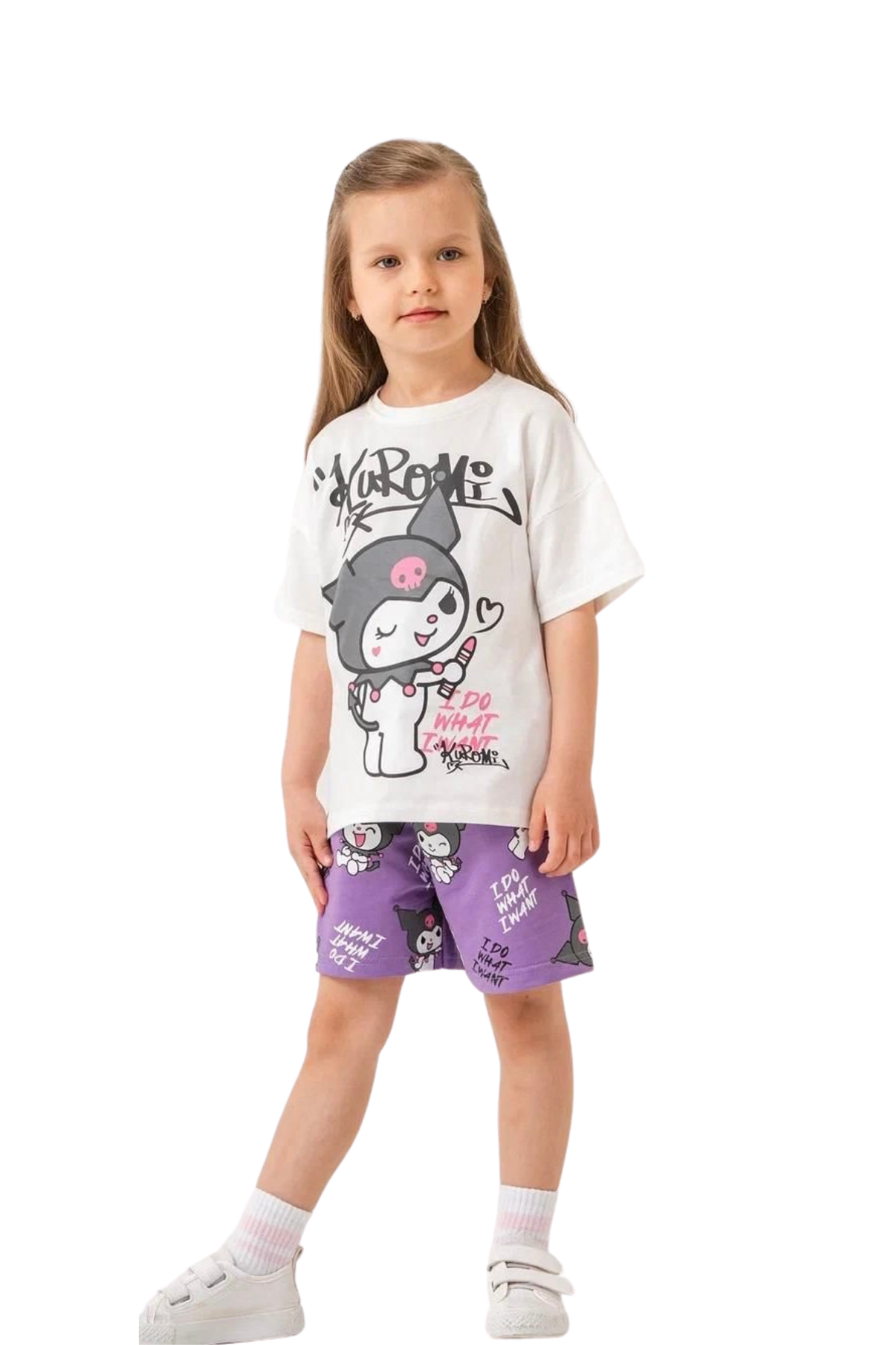 3-10 Yaş Kuromi Şortlu Kız Çocuk Takım Beyaz