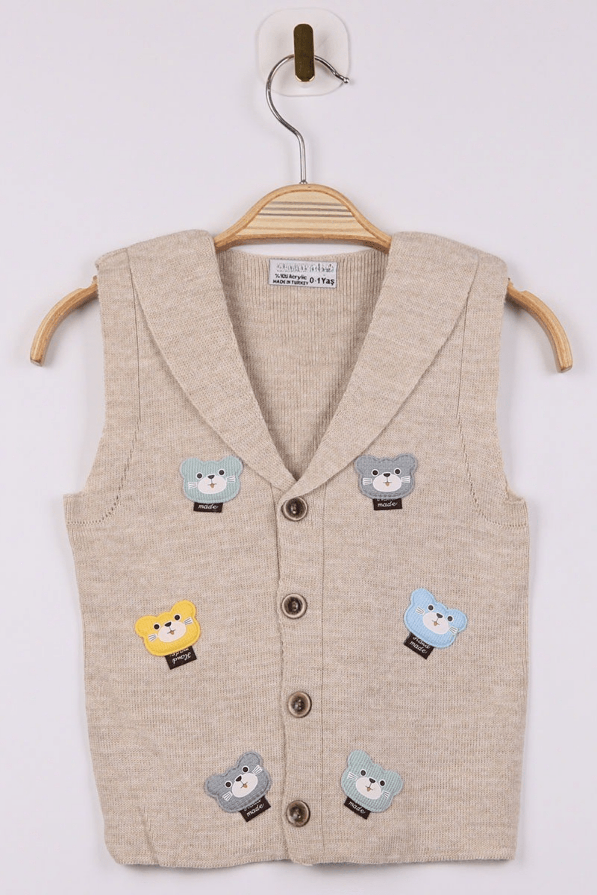 0-5 Yaş Kedili Örme Erkek Bebek Yelek Camel