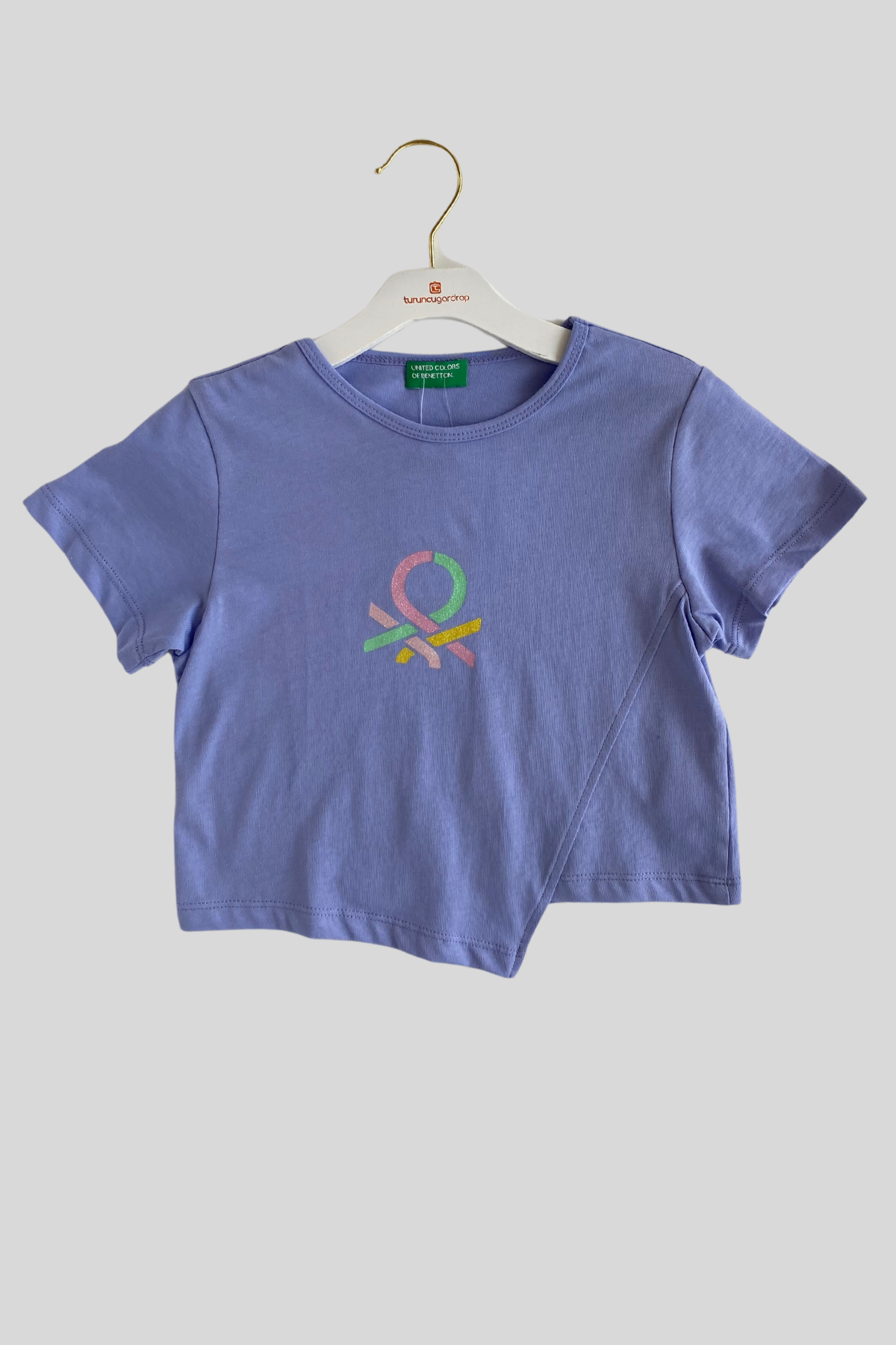 4-14 Yaş Benetton Sim Baskı Asimetrik Detay Kız Çocuk T-shirt Lila
