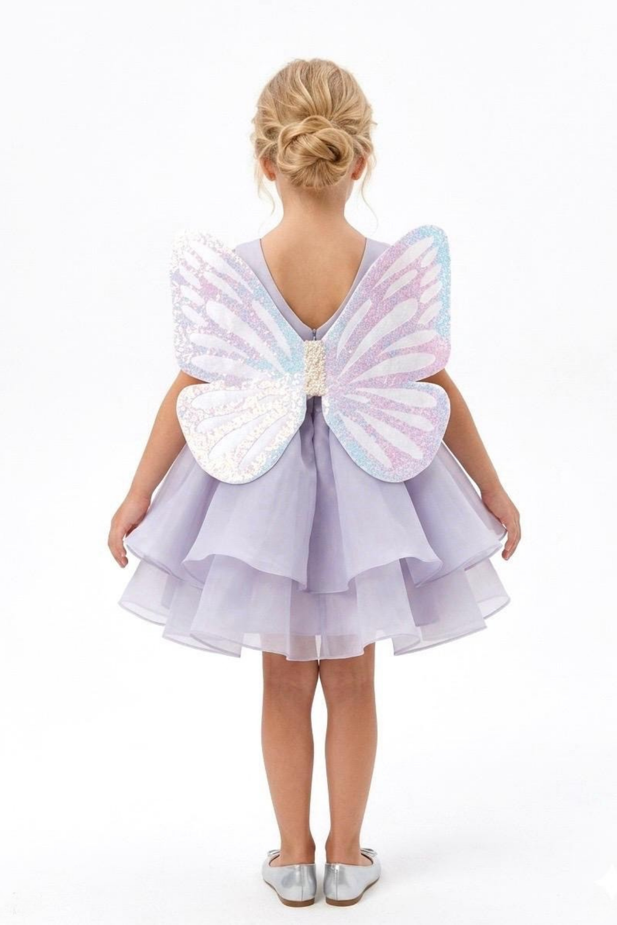 2-6 Yaş Butterfly Kanatlı Kız Çocuk Abiye Elbise Lila