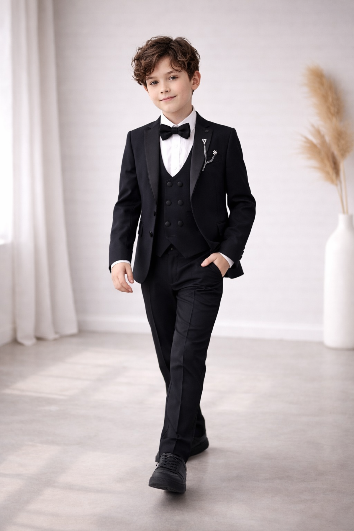 3-14 Yaş Premium Double Yaka Zincirli Erkek Çocuk Damatlık Siyah