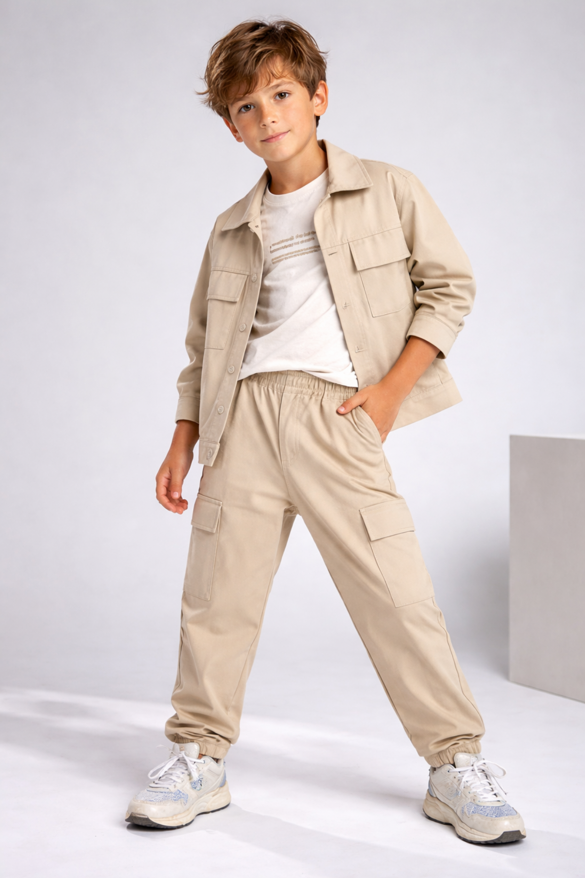 3-10 Yaş Kargo Pantolonlu Ceketli 3'lü Erkek Takım Krem