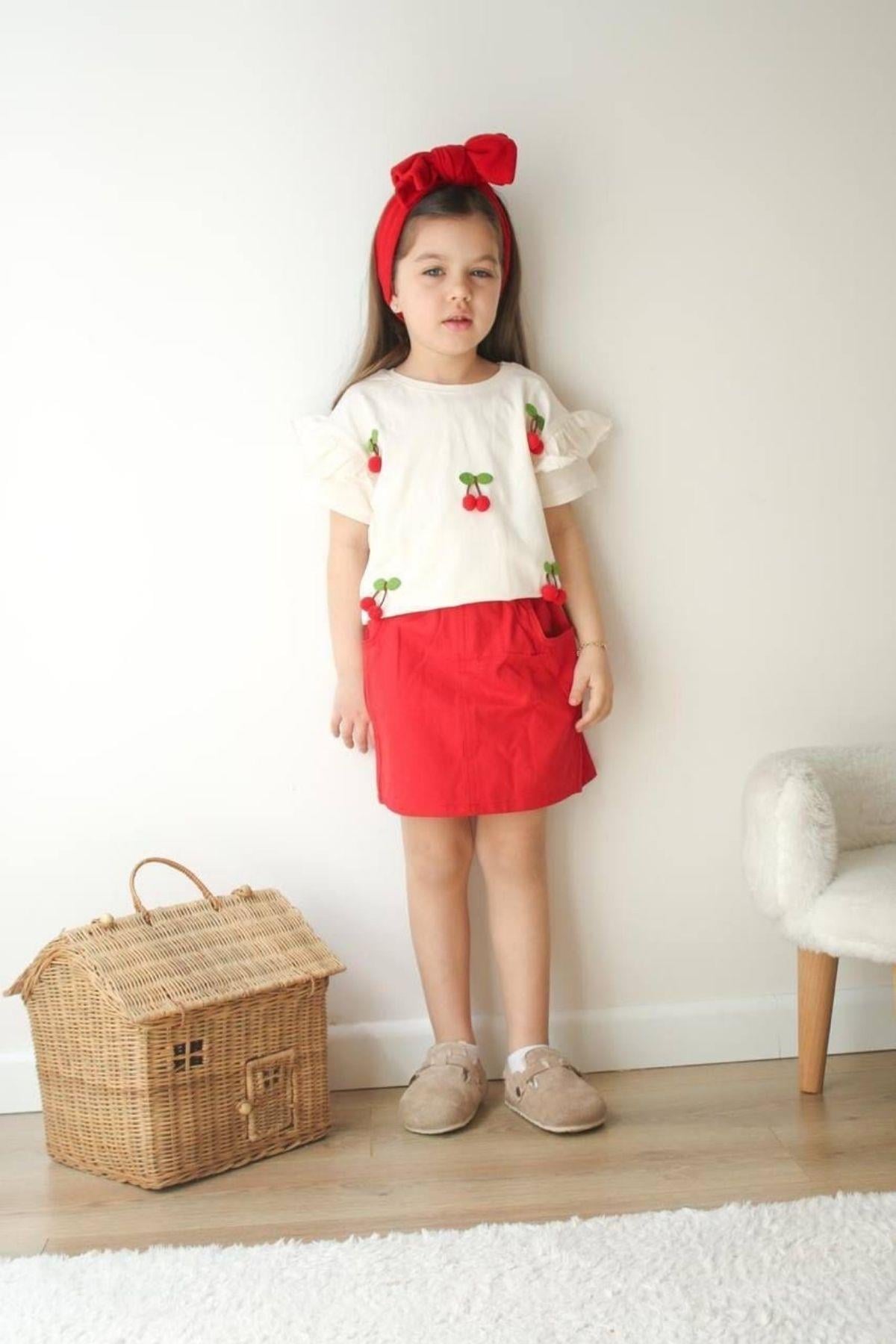 3-10 Yaş Kiraz Detay Kot Etekli Kız Çocuk Takım