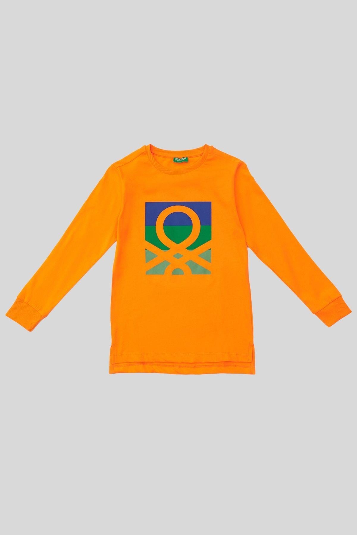 4-14 Yaş Benetton Bisiklet Yaka Kız Çocuk Sweatshirt Turuncu