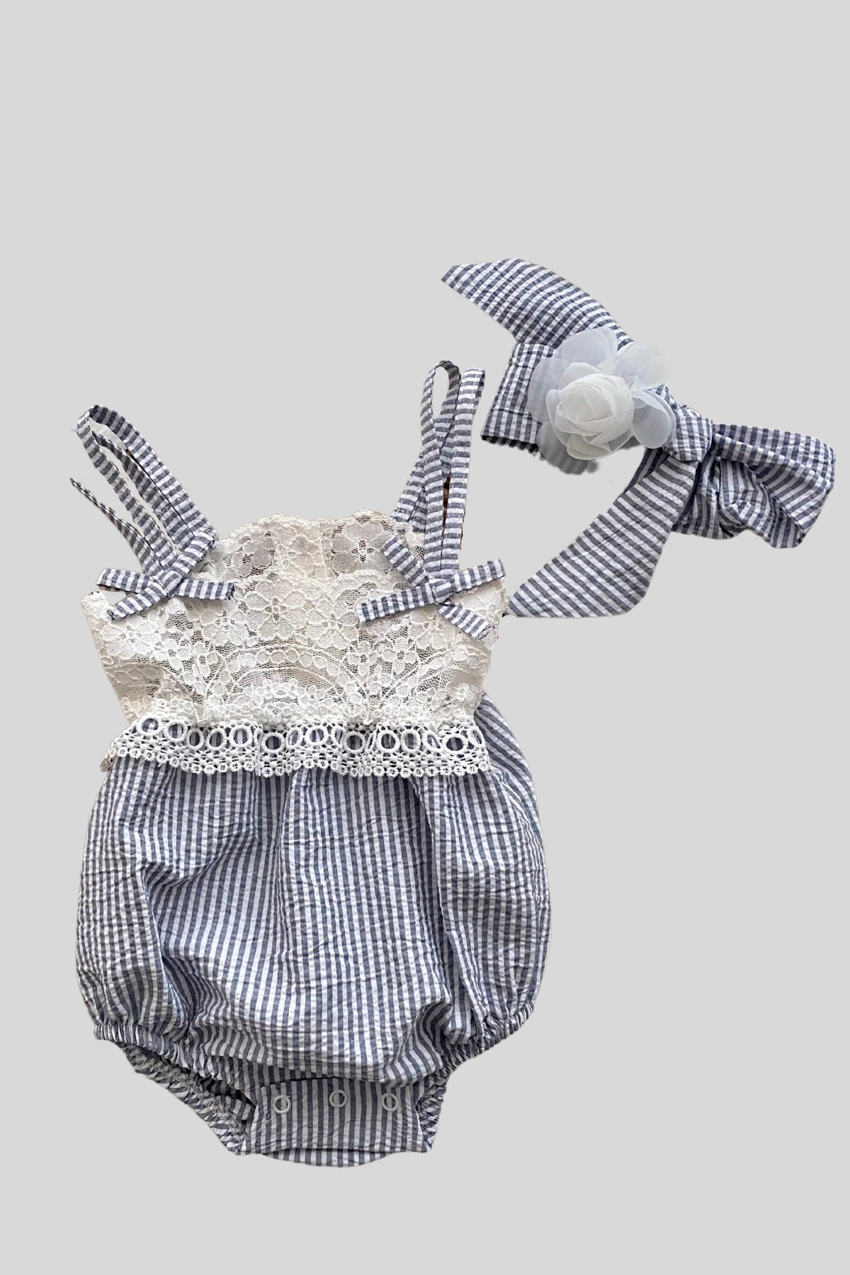 Çizgili Dantelli Bebek Takım Bebe Mavi
