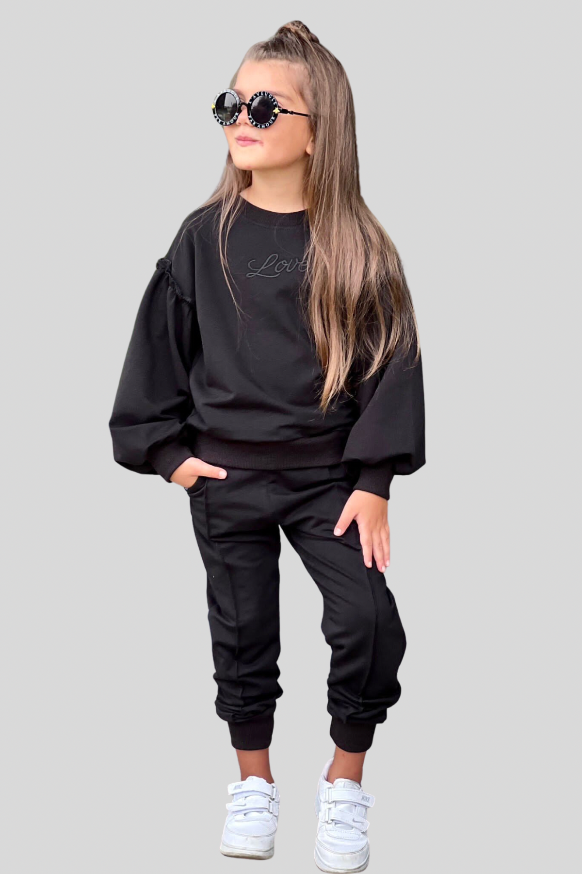 Love Volanlı Uzun Kol 2li Kız Çocuk Takım Siyah