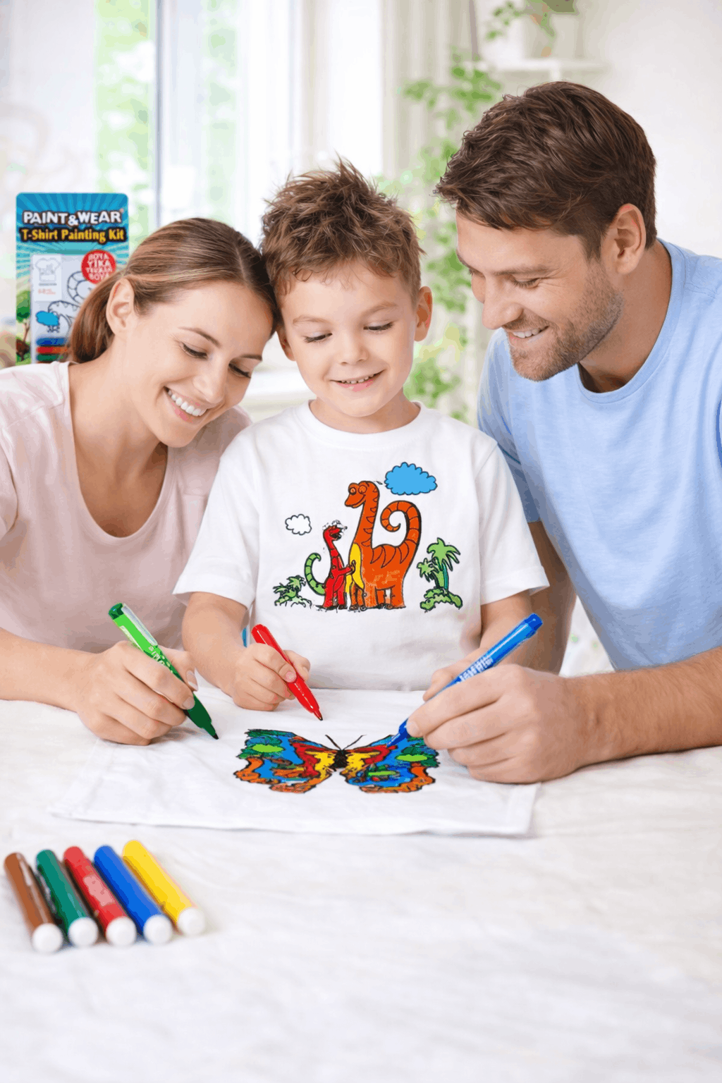 4-11 Yaş Dinozorlu Boya-Yıka Tişört Seti Beyaz