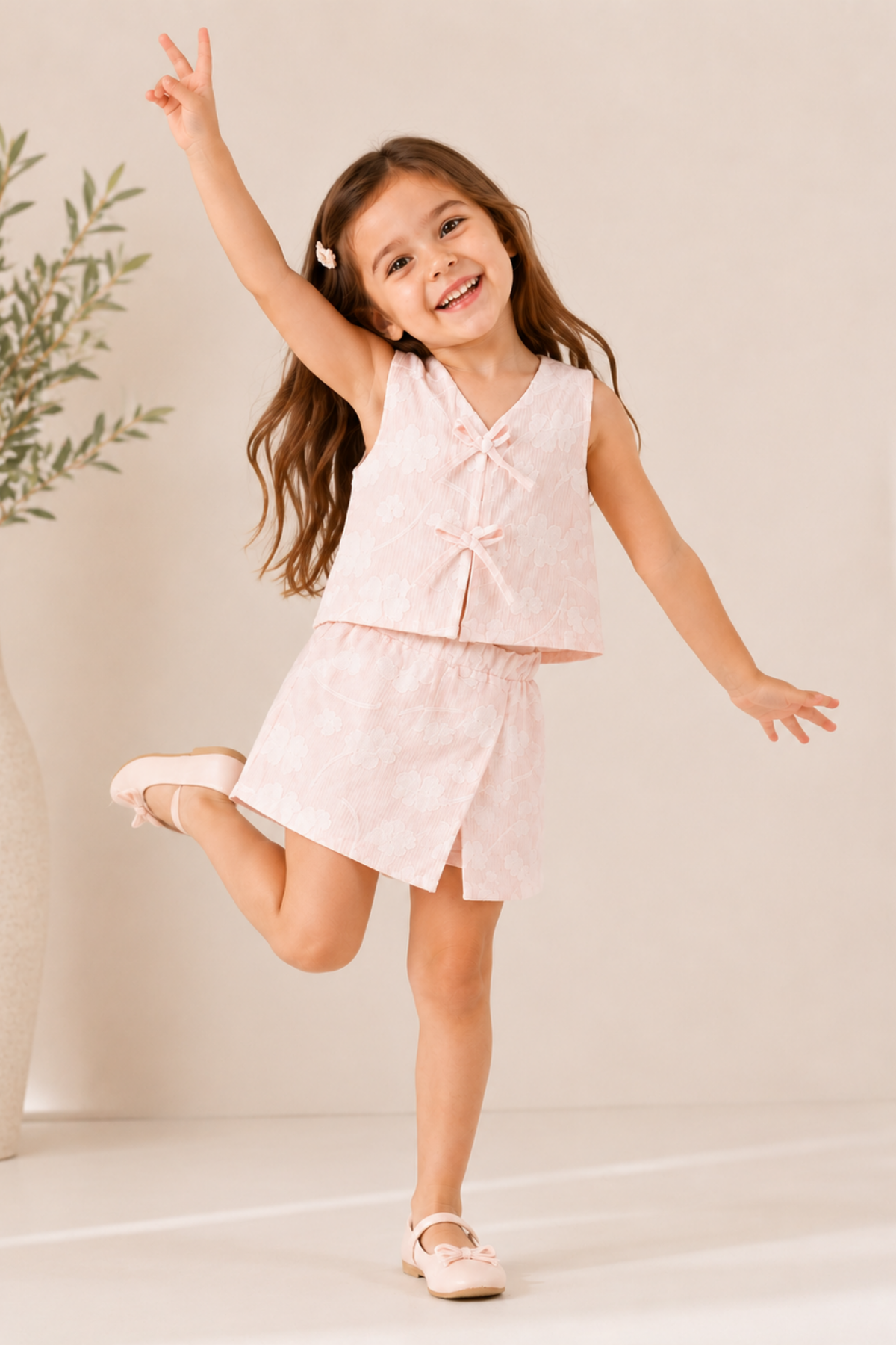 3-10 Yaş Flowers Fiyonk Yelekli Şort Etekli Kız Takım Pembe