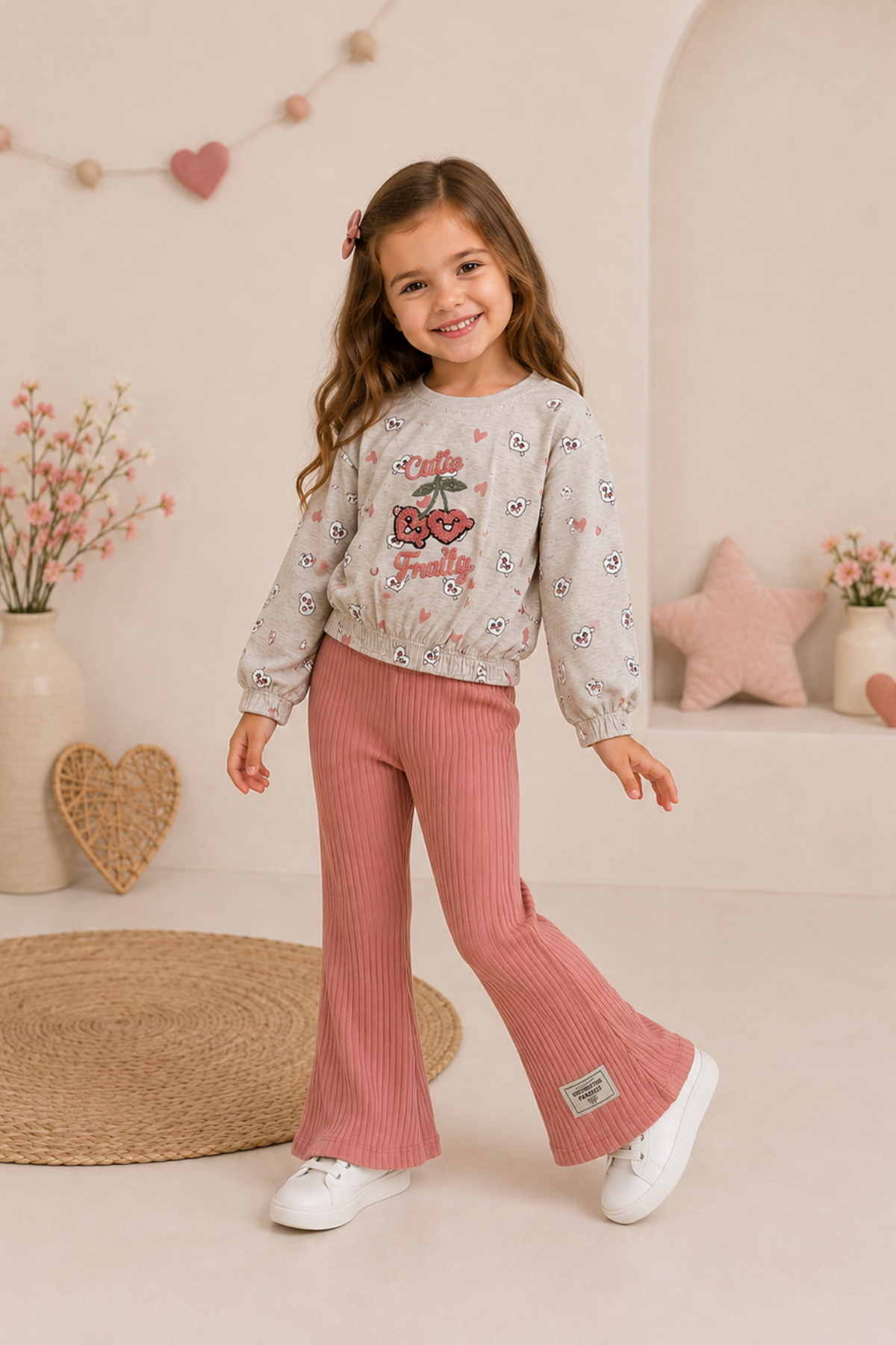 3-7 Yaş Cutie Fruit İspanyol Pantolonlu Kız Çocuk Takım Pudra