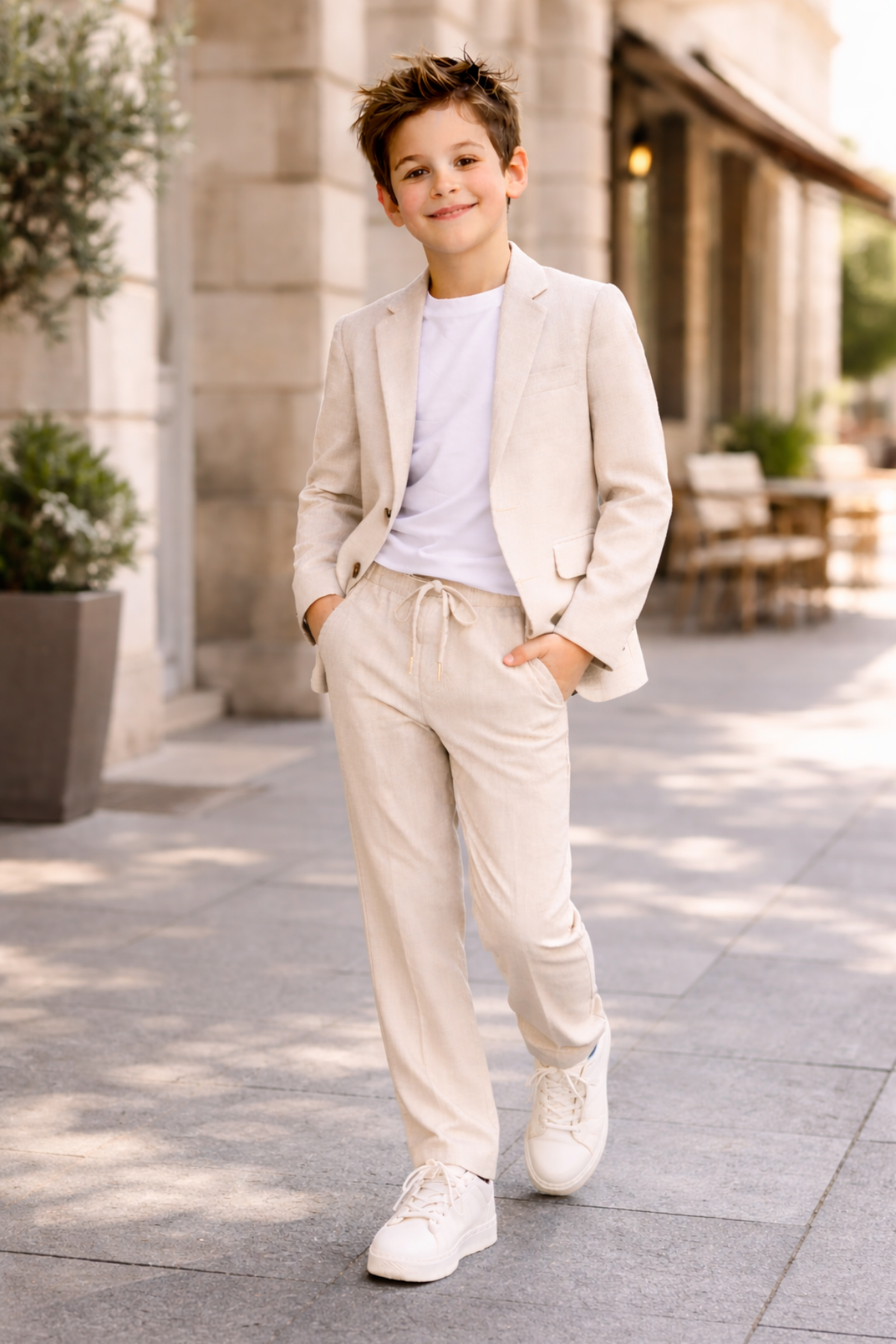 2-13 Yaş Premium Tişörtlü Başak Doku Keten Çocuk Takım Elbise Bej