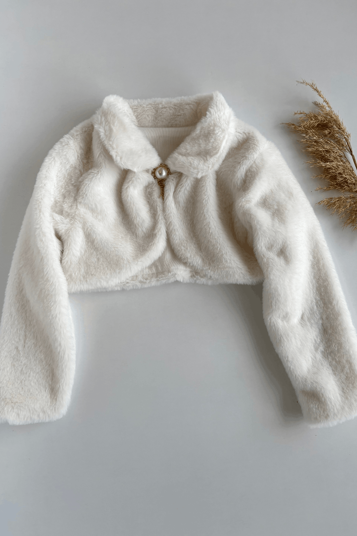 Broş Detay Kız Çocuk Peluş Bolero Krem