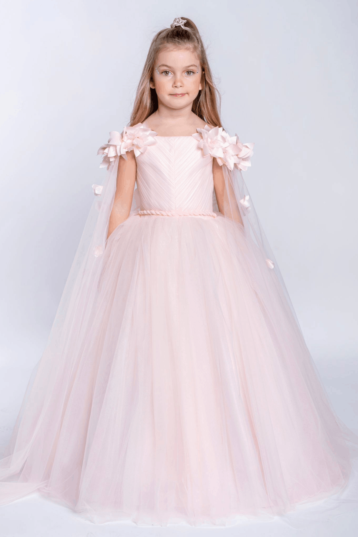2-11 Yaş Wendy Omuzları Çiçekli Kolları Tül Detay Kız Çocuk Elbise Gelinlik Pudra
