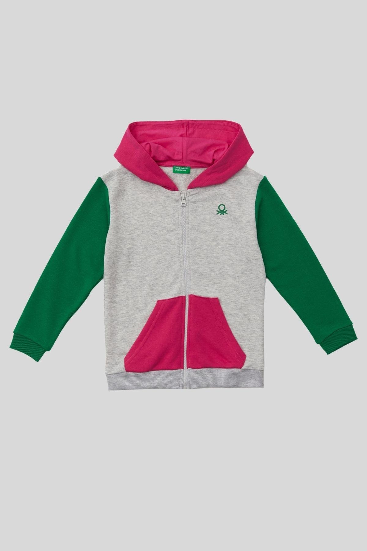 4-14 yaş Benetton Kapüşonlu Renkli Kız Çocuk Sweat Ceket