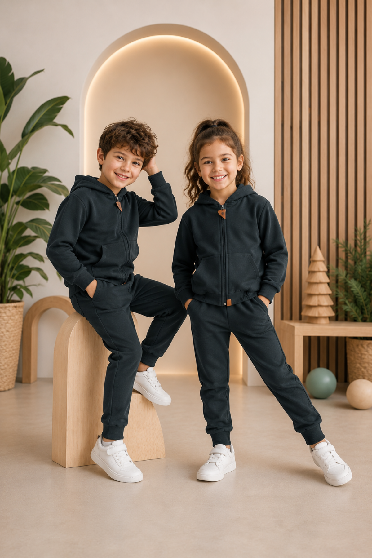 2-6 Yaş Kanguru Cepli Fermuarlı Kapüşonlu Çocuk Takım Unisex Yeşil