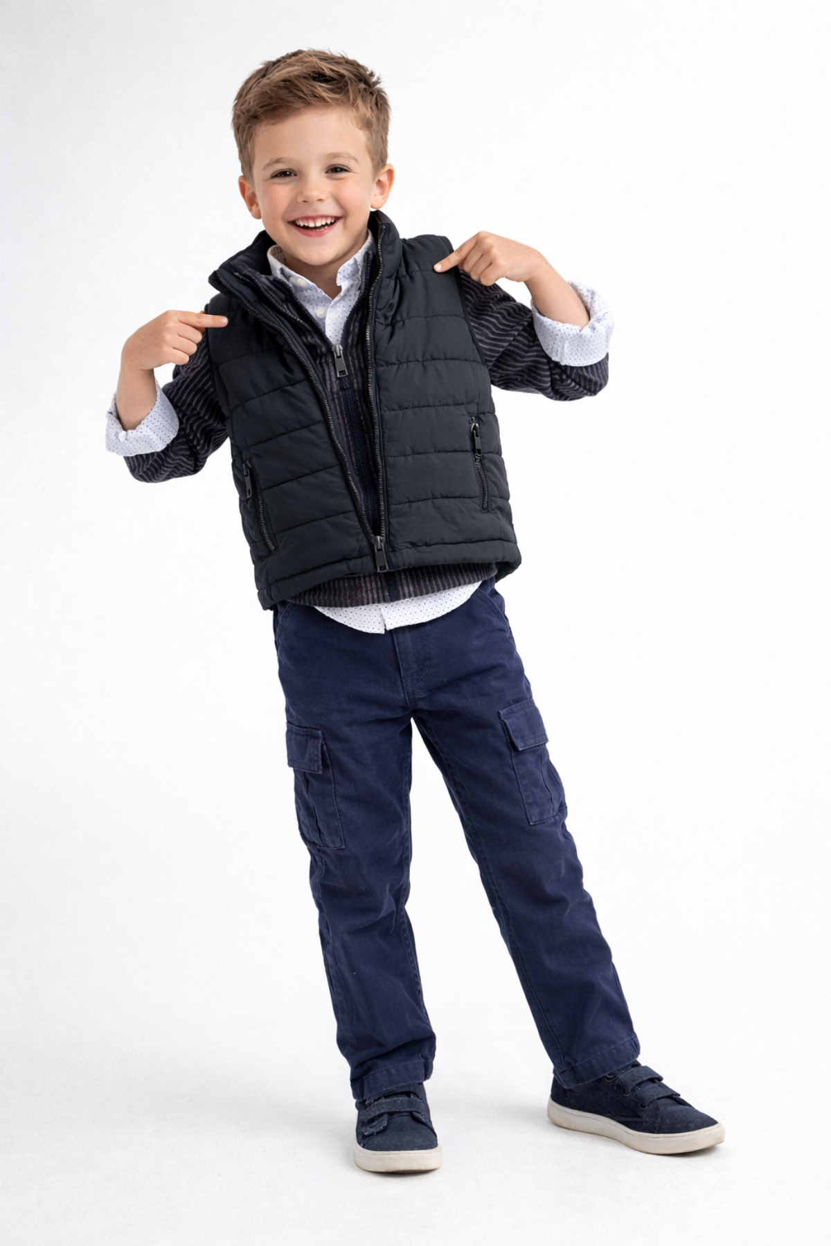 2-9 Yaş Premium Çizgi Detay Şişme Yelekli Pantolonlu 4'lü Erkek Çocuk Takım Lacivert